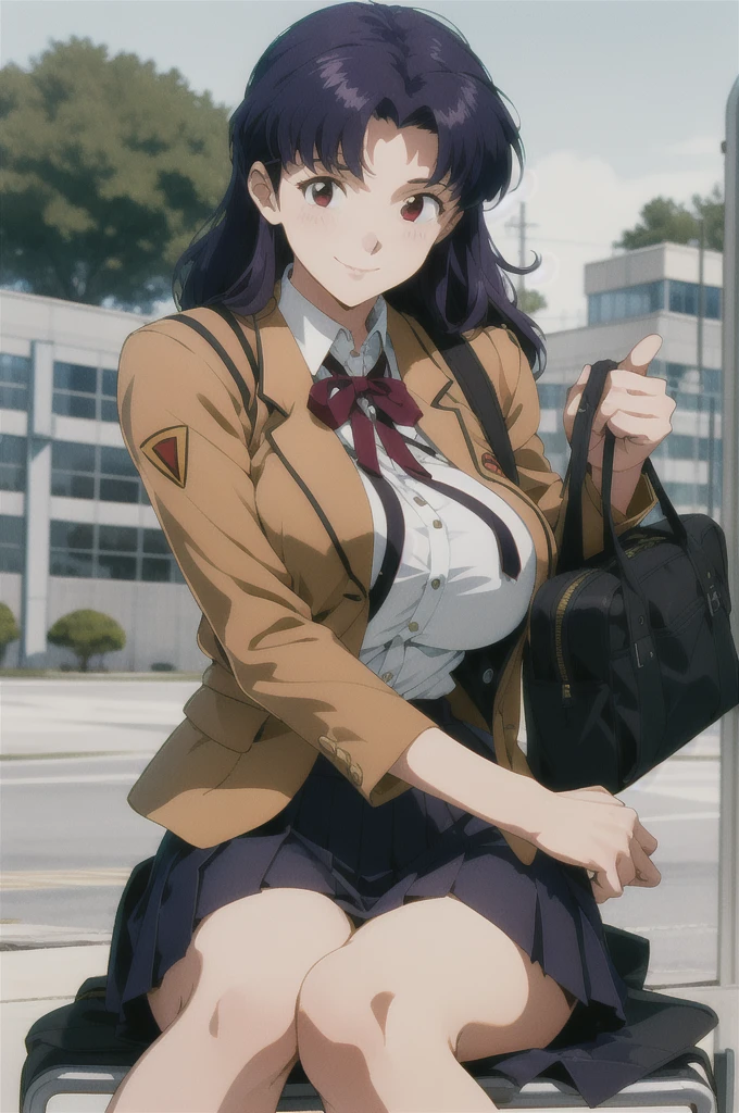 (RAW photo, best quality), 1girl,  natural lighting, solo, light smile, 
katsuragi misato,  high school girl, , school bag, blazer, ribbon, outdoor, big boob, large breasts