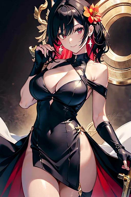 yor briar, anime style beutiful woman, 1girl, happy, sexy pause,(with sparkling eyes and a contagious smile:0.9),red face, closed mouth, beautiful detailed eyes, super detailed skin, backlighting, bare shoulders, black background, black dress, black gloves, black hair, breasts, dress, earrings, fingerless gloves, floating hair, floral print, flower, gloves, gold earrings, gold hairband, hair flower, hair ornament, hairband, holding, holding weapon, jewelry, large breasts, long hair, looking at viewer, off-shoulder dress, off shoulder,red eyes, short hair with long locks, sidelocks, solo, spikes, thighs, two-sided dress, two-sided fabric, weapon, fighting stance , face, close up, from above, highest quality, looking at viewer,high resolution.