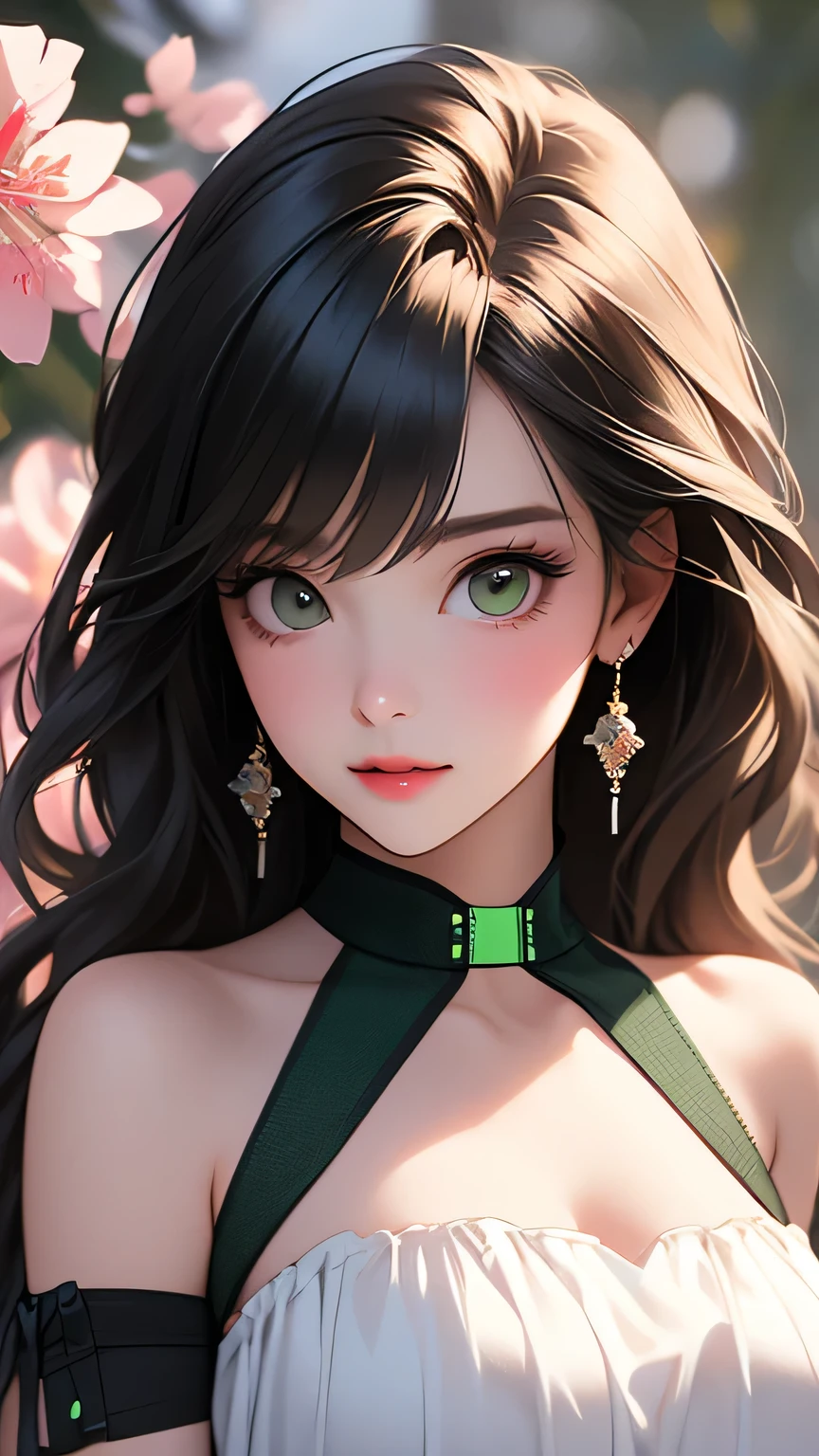 8K quality、quality、super high image quality、Super detailed、Super realistic hair texture、beautiful women in bright colors、long and black beautiful hair with bangs、shiny heine hair mesh、((green eyes))、Glossy, glowing skin、(((wearing only suspenders)))、perfect big breasts、off shoulder、laughter、soft pink lips、ultra-realistic sensuality、cheeks turn red、cherry blossoms are blooming