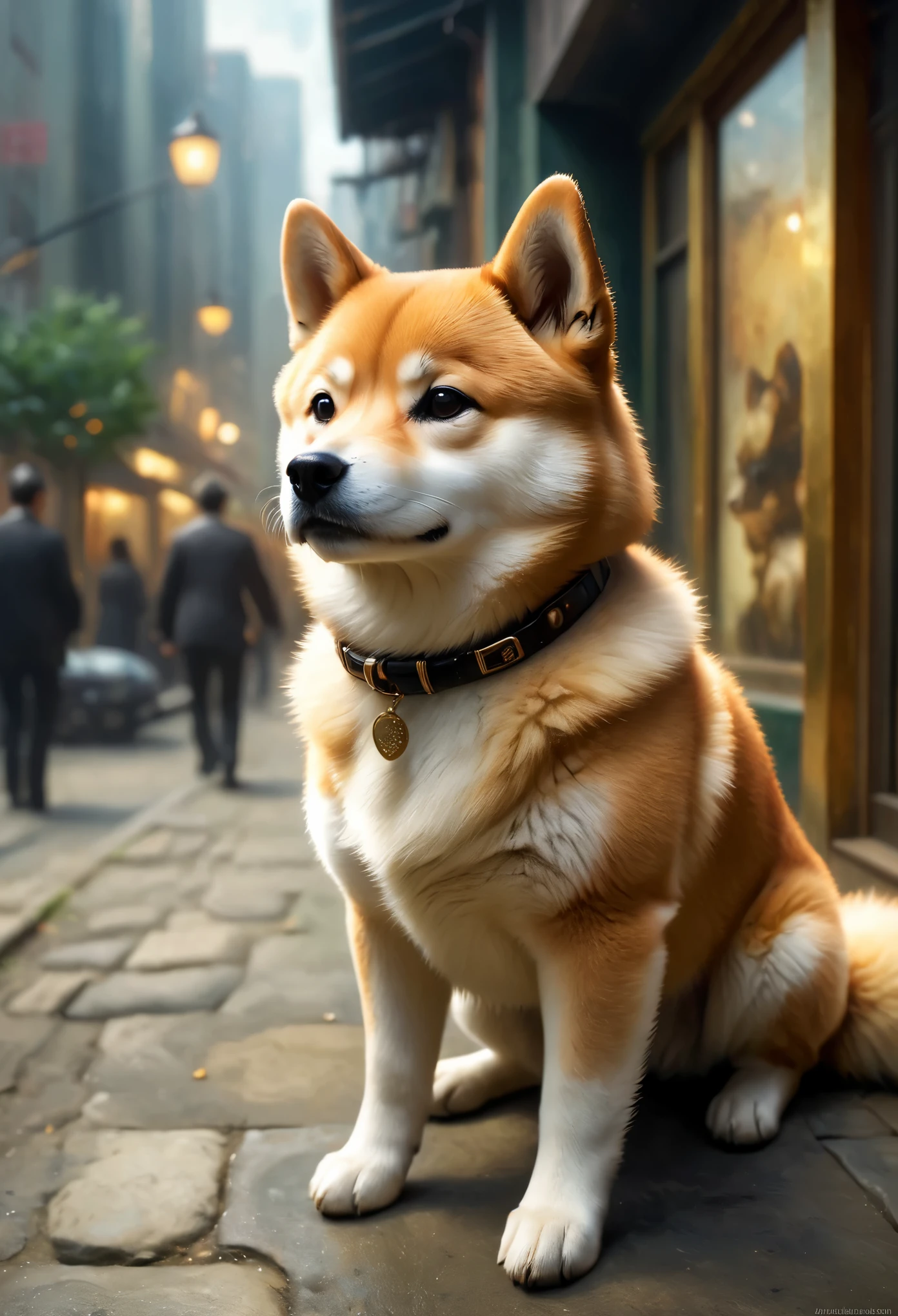 Cute Shiba Inu greets viewers, Pierre＝Art by Auguste Renoir and Jeremy Mann, (Viewpoint angle:1.2), Realistic, Ray Tracing, Beautiful lighting,masterpiece