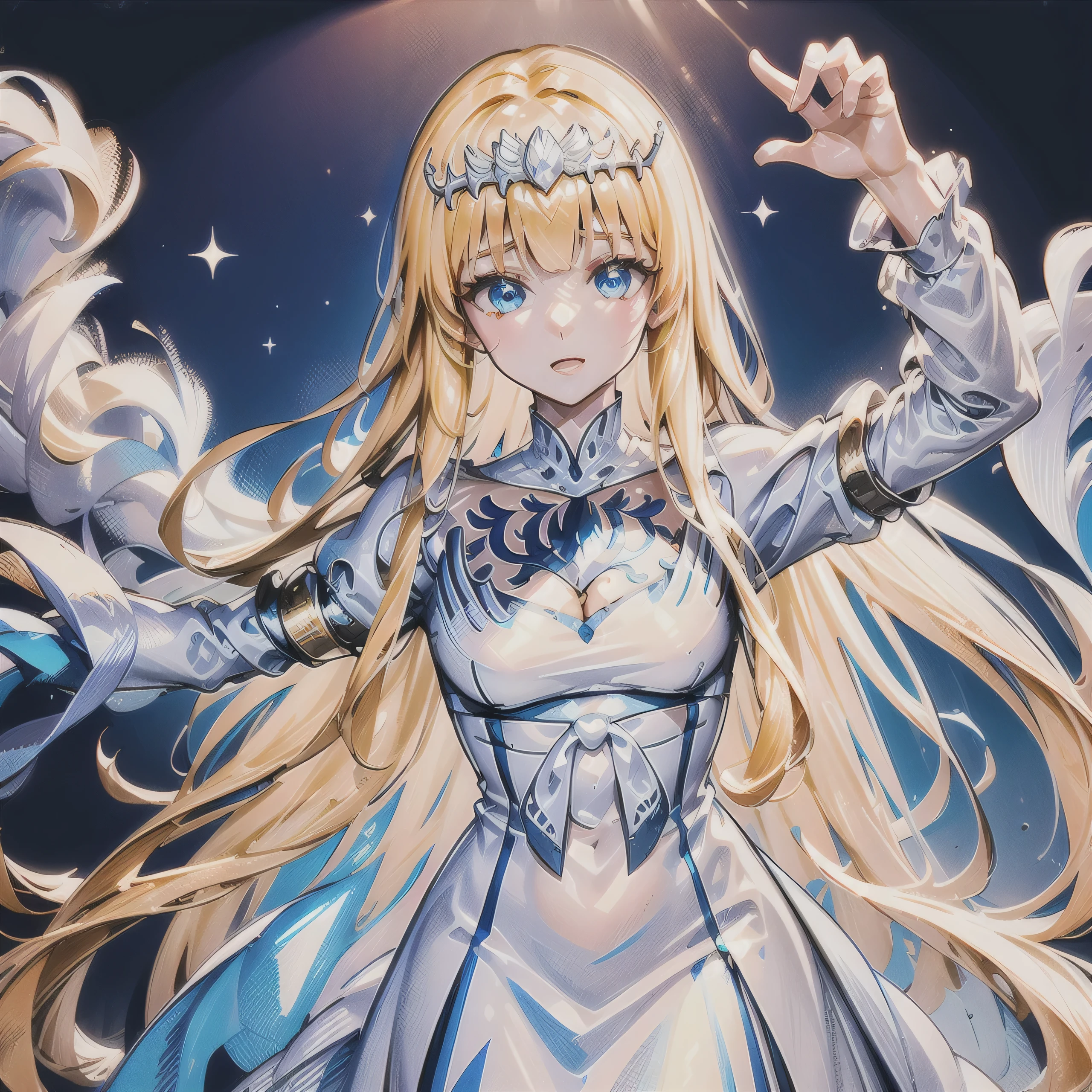 hands down, arms down, hands not showing, 1girl,solo, Calca, Calca Bessarez, blonde hair, extremely long hair, very long hair, white tiara, silver tiara, white dress, blue eyes, medium chest