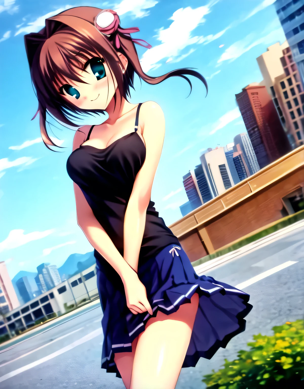 asakura_yume,Brown Hair,Medium Chest,Aqua Eye,White skin,city,((Are standing)),smile,((Breast augmentation)),(((Navy blue_Camisole dress skirt_Knee-length))),((valley)),No bra,smile,