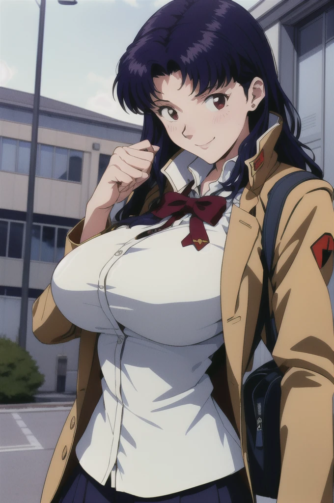 (RAW photo, best quality), 1girl,  natural lighting, solo, light smile, 
katsuragi misato,  high school girl, , school bag, blazer, ribbon, outdoor, big boob, large breasts, boob window