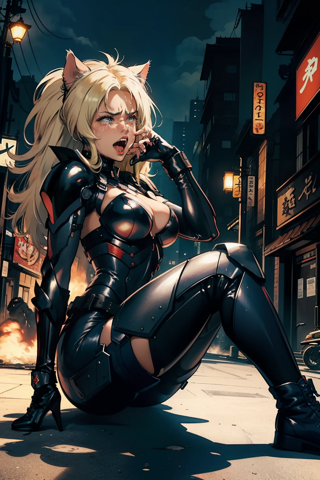 ((highest quality)), ((masterpiece)), (be familiar with), (High definition), 8K, Perfect Face、2Women、Two blonde women with cat ears、((Crying loudly))、((Sitting on the ground))、tall、2 Blonde cat ears、2. Long Hair、2. Volumetric hair style、Large Breasts、Narrow waist、Big Ass、glamorous、Alluring、protector、Armor、combat suit、Combat Boots、Armament、Equipped with large firearms、Cinematic、Best Shadow、Side lighting、NEO TOKYO、riot、explosion、tank、helicopter、(Close-up of face)