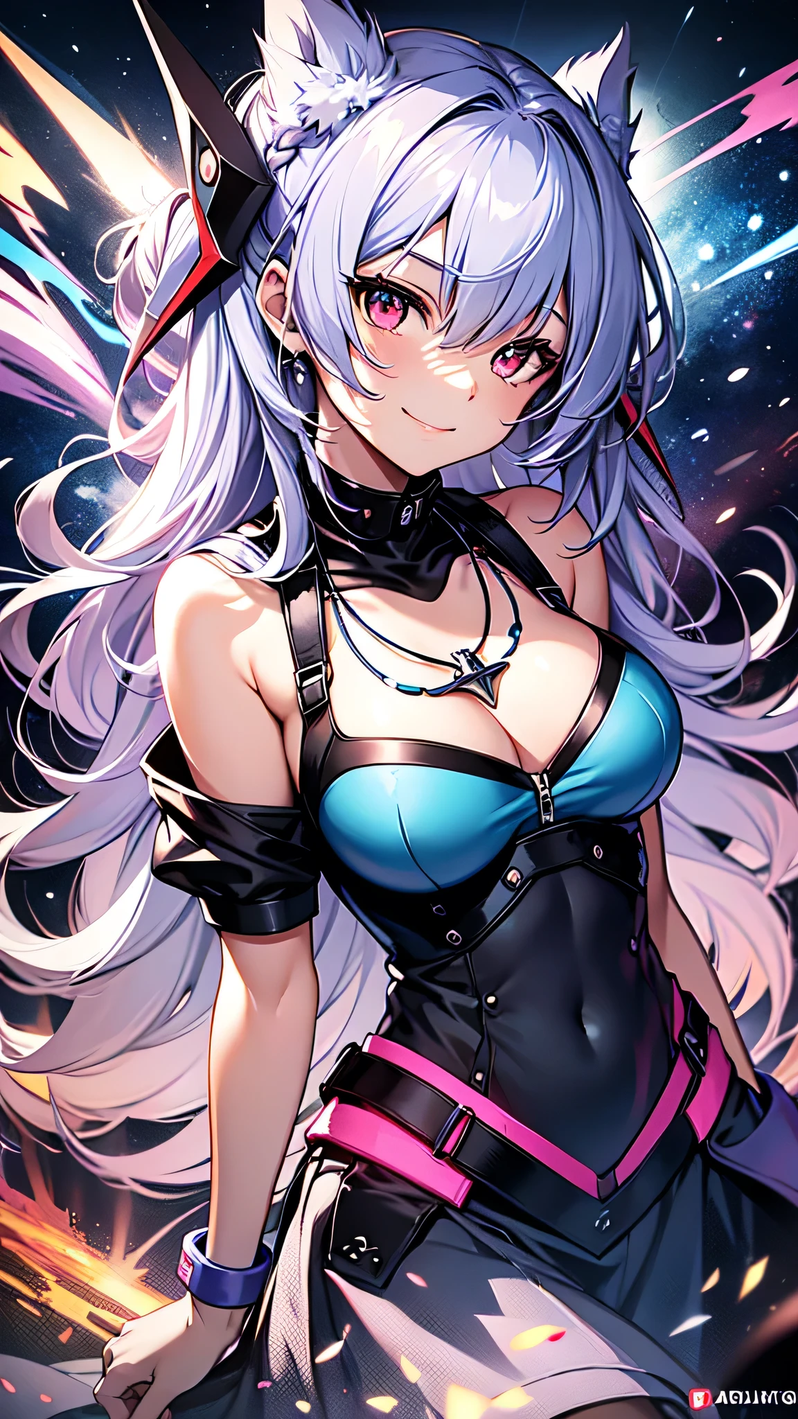 最high quality、Best image quality、masterpiece、girl((18-year-old、 By becoming、Best Bust、Medium Bust,Wide open breast tea、Red glowing eyes,Silver Hair、Disheveled Hair、Long Hair、thin,The highest valley、Open chest、Luminous Wristbands、smile、hair ornaments、luminous necklace、Black sleeveless hoodie(1:2)、Blue short skirt、Angle from directly above、Disheveled clothing、Show the whole body,Low - Angle)),high quality、Beautiful art、background((Cosmic))、Flight、Flying debris、Written boundary depth、movie、Visual Arts、Perfect art、8K,Genuine、