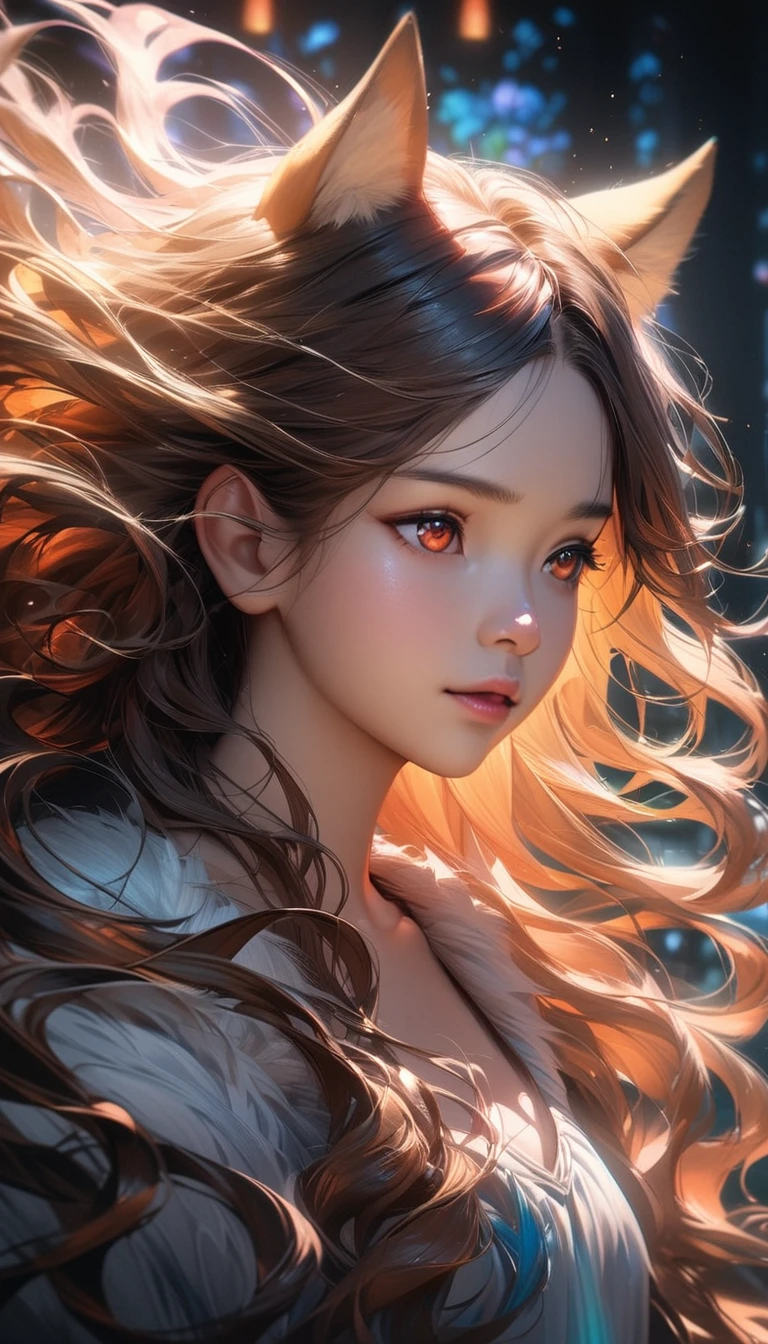 (best quality,4k,highres),fantasy,beautiful girl with Shiba Inu dog features,intense focus on the detailed,amber eyes,fluffy and expressive Shiba Inu ears,fur with realistic textures and colors,long wavy hair flowing with the wind,magical atmospheric lighting,soft and ethereal background,with hints of vibrant colors,subtle artistic rendering giving a touch of dream-like fantasy,impressive attention to the anamorphic Shiba Inu features,masterpiece:1.2,portrait,with a sense of mystery and awe.