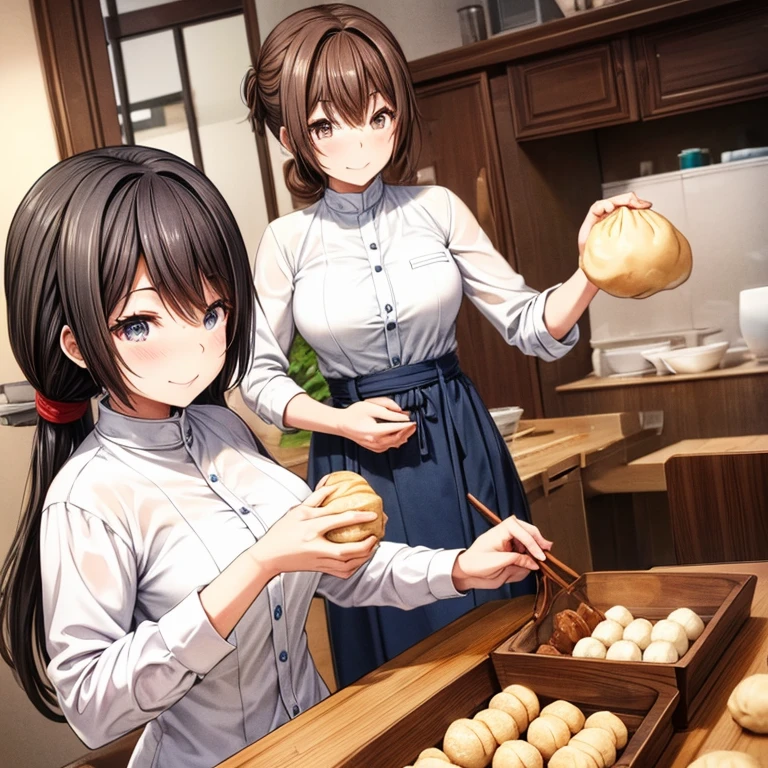 A woman making Xiaolongbao There are a lot of xiaolongbao on the table Tight clothing highest quality a room in an apartment