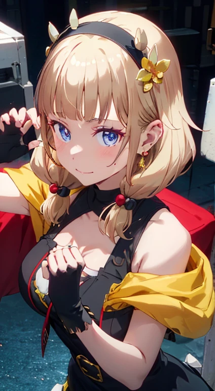 yor briar, anime style beutiful woman, 1girl, happy, sexy pause,(with sparkling eyes and a contagious smile:0.9),red face, closed mouth, beautiful detailed eyes, super detailed skin, backlighting, bare shoulders, black background, black dress, black gloves, black hair, breasts, dress, earrings, fingerless gloves, floating hair, floral print, flower, gloves, gold earrings, gold hairband, hair flower, hair ornament, hairband, holding, holding weapon, jewelry, large breasts, long hair, looking at viewer, off-shoulder dress, off shoulder,red eyes, short hair with long locks, sidelocks, solo, spikes, thighs, two-sided dress, two-sided fabric, weapon, fighting stance , face, close up, from above, highest quality, looking at viewer,high resolution.