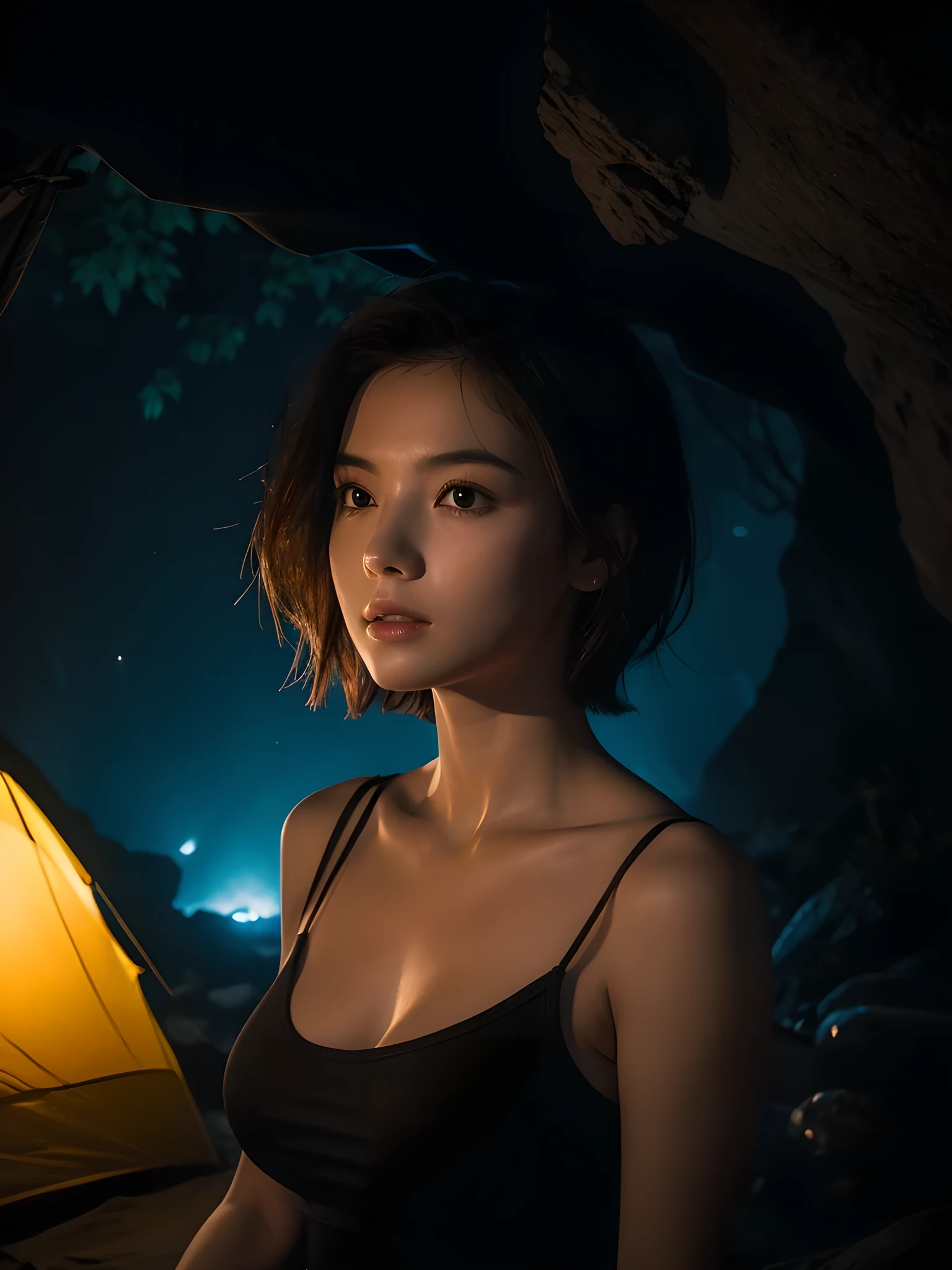 best qualtiy, tmasterpiece, Ultra-high resolution， （realisticlying：1.6）， RAW photograph， 1girl， bshoulders， in the darkness nigth， deep shading， low tune， cold light，looking to the camera， Sexy look， short detailed hair, inside the cave, fireflies, waterfall background, camping tent,

