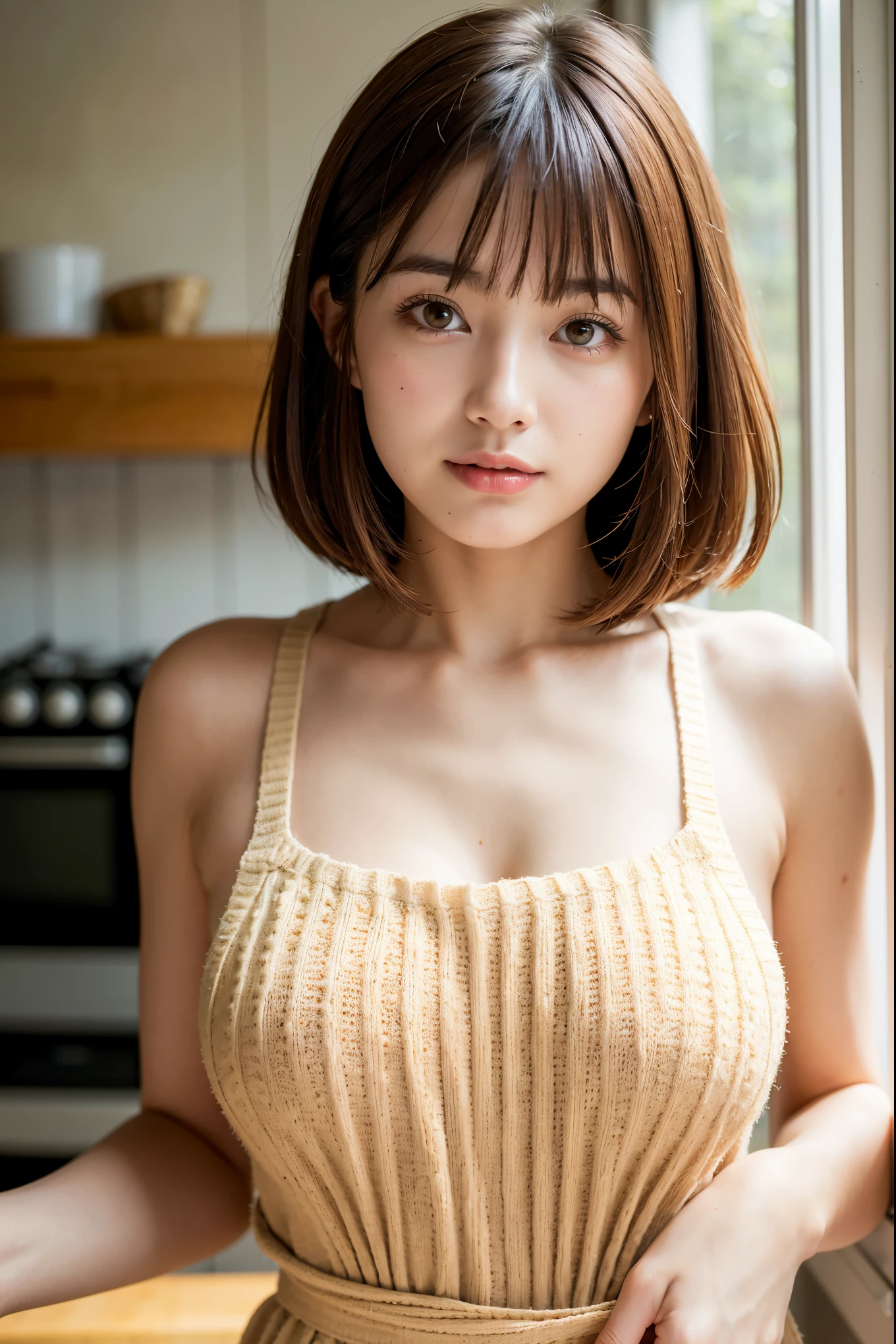 highest quality, Face Focus, Soft Light, Ultra-high resolution, (Realistic:1.4), RAW Photos,
1 Japanese girl, alone, cute,kind Beautiful face in every detail, (),(High resolution detail of human skin texture),
indoor, ((A surprisingly thin and tiny beige knit camisole apron)) Beautiful breasts Wearing a boldly revealing apron
(Portraiture) High resolution focused on the eye smile See-through bangs The background is the protagonist Wide and deep background Luxurious and beautiful kitchen Thin eyebrows Beautiful breasts very cute Beautiful white skin Beautiful Hair (Very stylish and beautiful straight bob hair:1.3)
