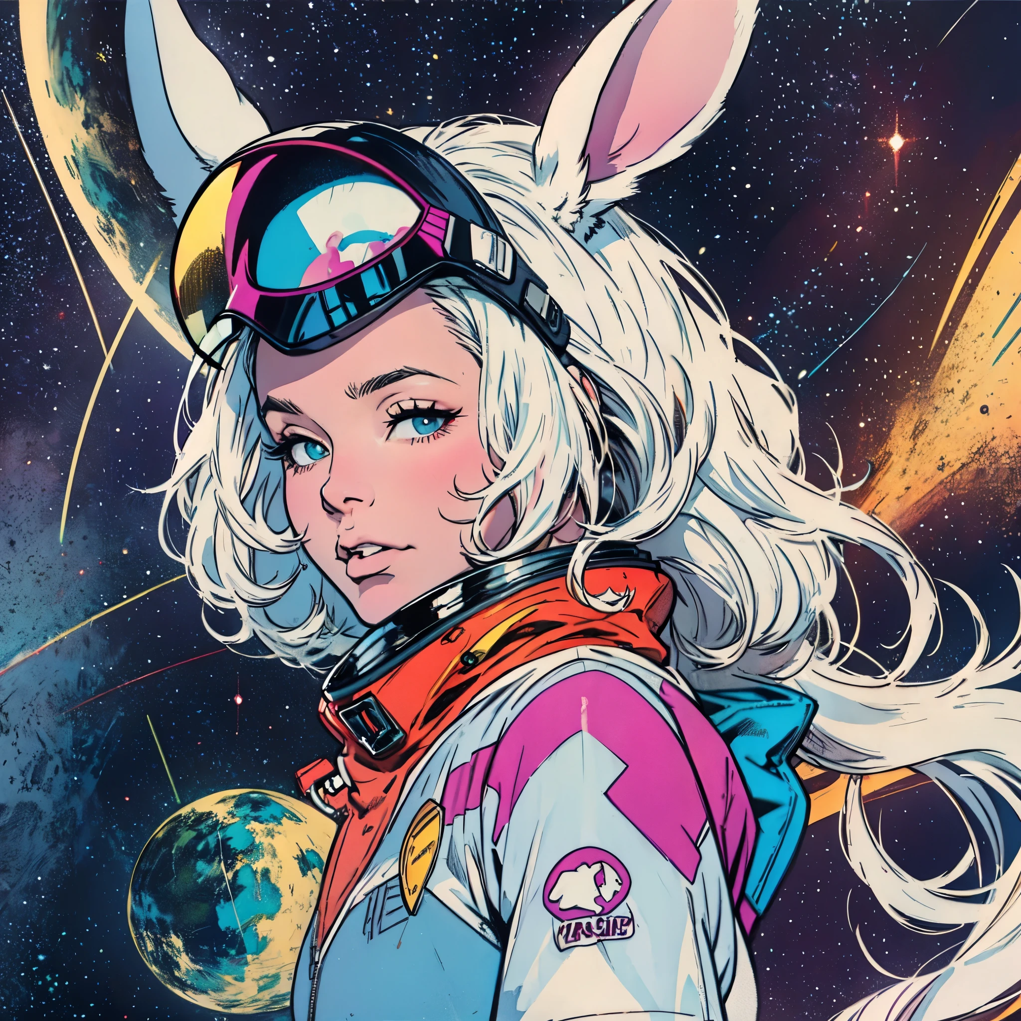 ultimate best quality,beautiful woman,speech bubble,big brest,galaxy,60s,70s,80s,colorful,cosmo,space,((rabbit)),