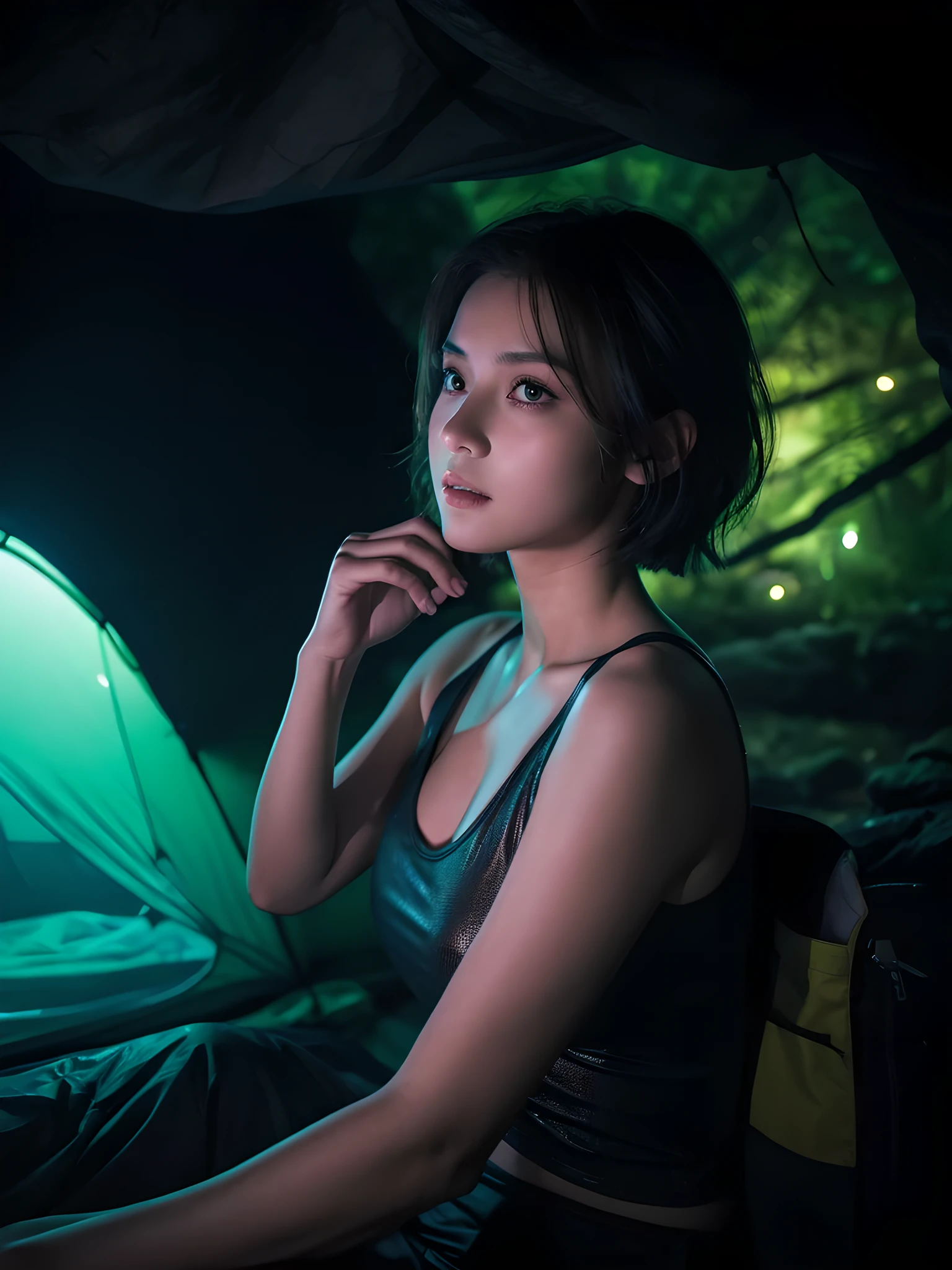 best qualtiy, tmasterpiece, Ultra-high resolution， （realisticlying：1.6）， RAW photograph， 1girl， bshoulders， in the darkness nigth， deep shading， low tune， cold light，looking to the camera， Sexy look， short detailed hair, inside the cave, fireflies, waterfall background, camping tent,

