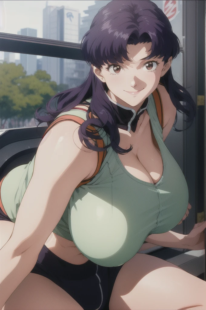 (RAW photo, best quality), 1girl,  natural lighting, solo, light smile, 
katsuragi misato, outdoor, big boob, large breasts, boob window, exposed cleavage, tight clothes