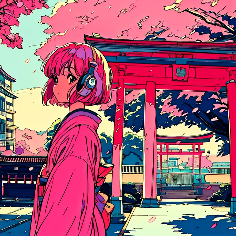 master piece, City Pop style, Pink Hair, fluffy bob cut, wearing headphones, shoulder length, alone, Futuristic, yet, lofi, retro, vintage, Ghost, light smile, cherry blossoms, ((kimono)), torii, Kyoto, looking away