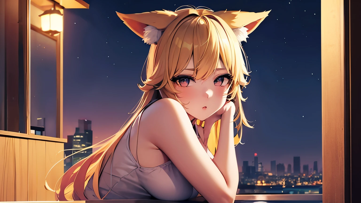apanese girl super cute girl 18 old school girl Woman pouting lips A beautiful anime girl with blonde hair and fox ears kneels on a rooftop at night.