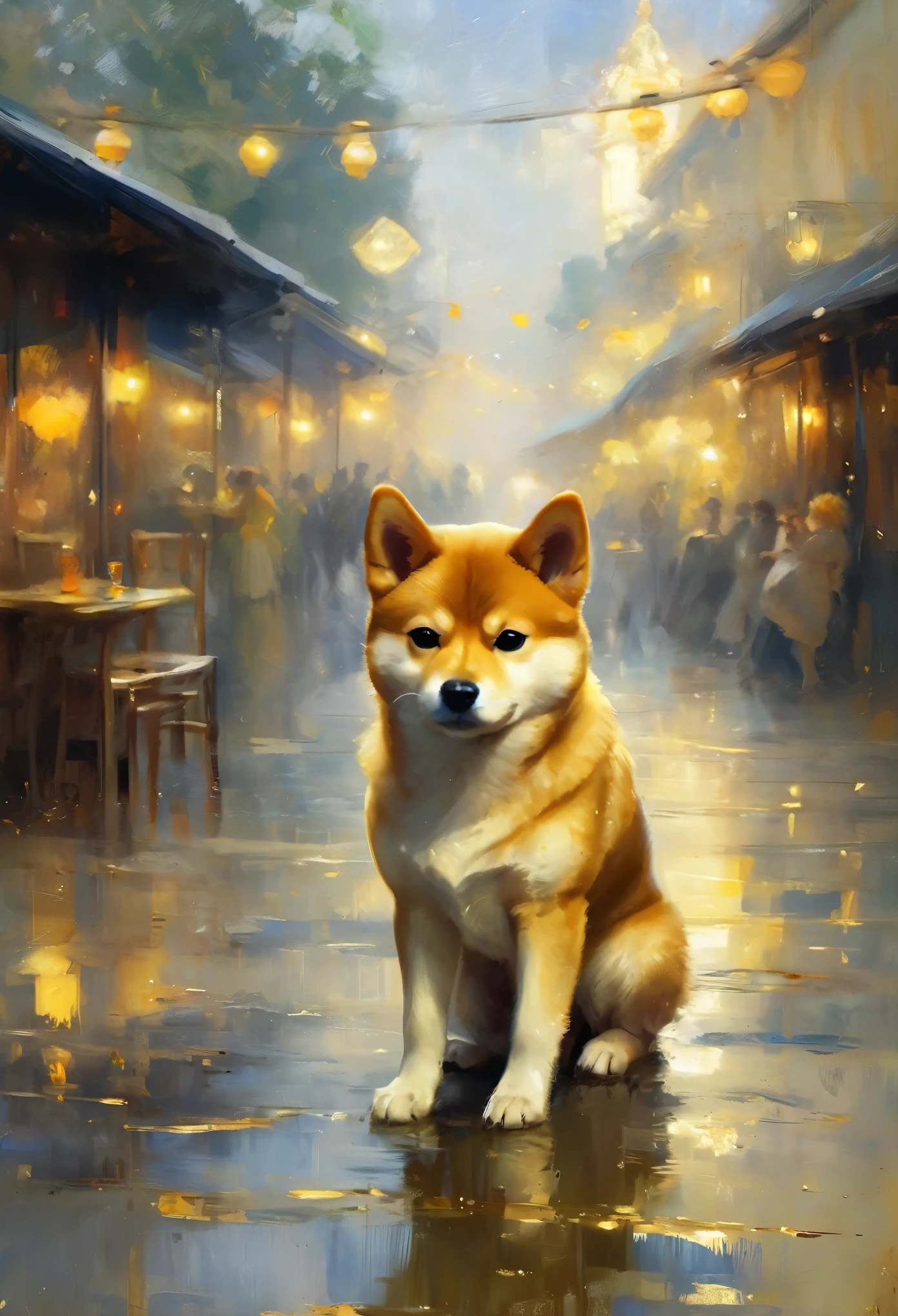 Cute Shiba Inu greets viewers, Pierre＝Art by Auguste Renoir and Jeremy Mann, (Viewpoint angle:1.2), Realistic, Ray Tracing, Beautiful lighting,masterpiece