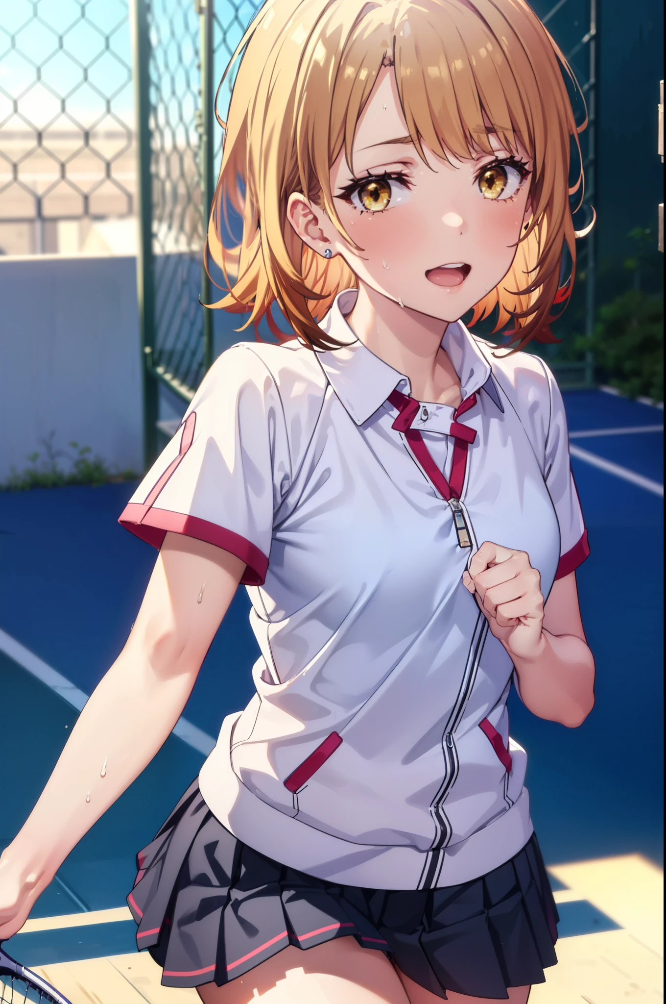 irohaisshiki, Iroha Isshiki, short hair, Brown Hair, (Brown eyes:1.5), happy smile, smile, Open your mouth,smile,
Tennis uniform, Hair Clip, Earrings, jewelry, nm1, Hair Ribbon, short hair, tennis cosplay, (Pleated super short skirt:1.4), (Thighs:1.3), (large teeth:1.3), large chests, (Provocative face:1.3), Open your mouth, (chest:1.3), teeth, Round eyes, (blowing in the Wind:0.5), Sweat around the girl, Dripping Sweat, Squall (Wind:1.2), speed, 爽やかなWind, Motion Blur Effect, Wind, (can'I can't see your pants:1.4) break background is (Tennis court:1.3), (Stand in the center of the screen:1.3), (10,000 spectators:1.3), Blue sky with clouds, Outdoor, (Amazing panoramic views:1.2), Wind break sunlight, Nice views, Rainbow in the sky, Particles of light,
break outdoors, Tennis court,
break looking at viewer,(Cowboy Shot:1. 5)
break (masterpiece:1.2), highest quality, High resolution, unity 8k wallpaper, (shape:0.8), (Beautiful details:1.6), Highly detailed face, Perfect lighting, Extremely detailed CG, (Perfect hands, Perfect ???????),