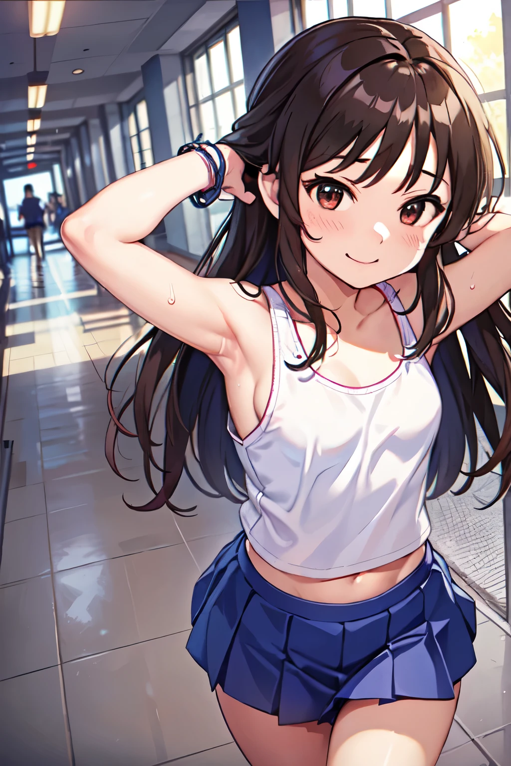 Primary school students、、Long Hair、Small breasts、Small breasts、Embarrassed、Red face、smile、Sweat on the cheekini skirt、Tank top))、Day School、Walking the hallway、Place your hands behind your head、Show your side、Realistic armpits