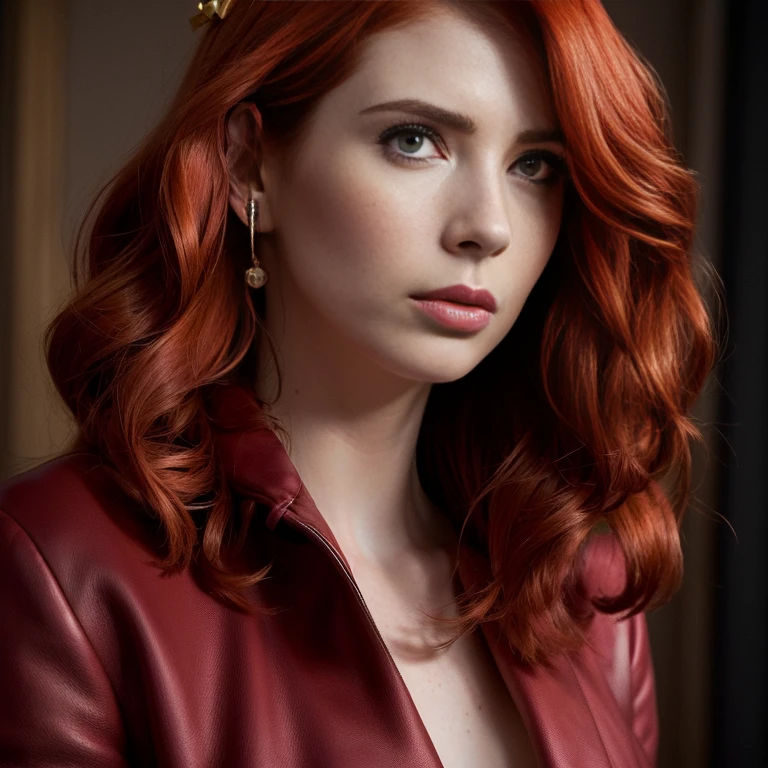 a close up of a woman with a red jacket and earrings, karen gillan, karen gillan batgirl, amy pond, beautiful alison brie magician, taken in the early 2020s, freckled pale skin, alison brie, bryce dallas howard, lilly collins, gorgeous female alison brie, emma roberts, high quality portrait, wanda maximoff