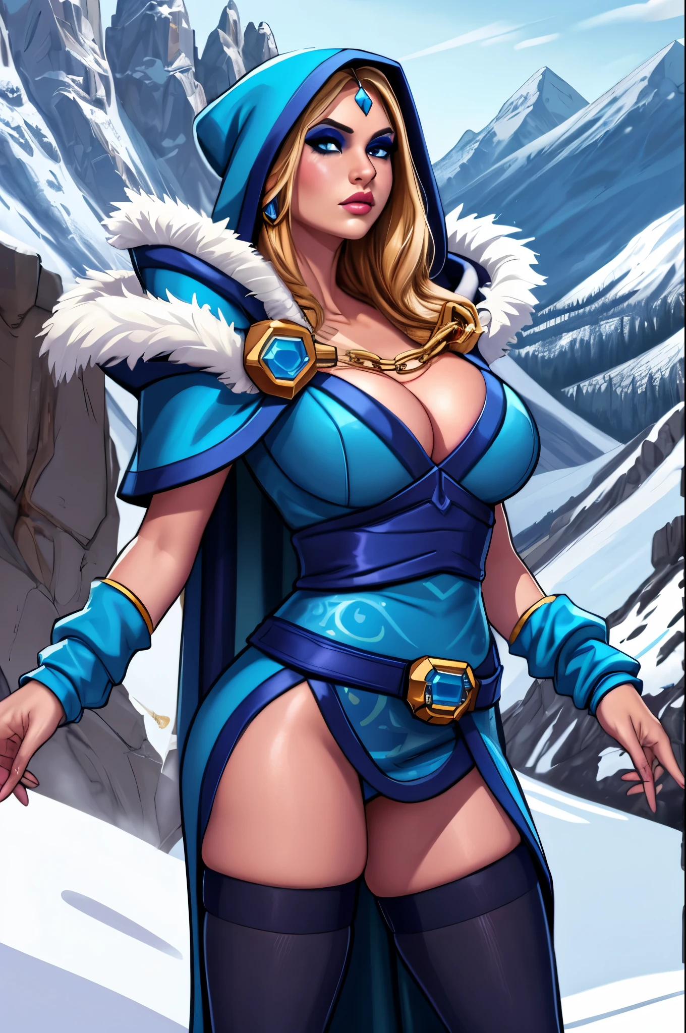 (masterpiece, best quality:1.2), solo, 1girl, crystalmaiden, makeup, serious, looking at viewer, standing, blue dress, hood, fur trim, blue cape, pelvic curtain, arm warmers, black thighhighs, jewelry, cleavage, outdoors, snowing, mountain 