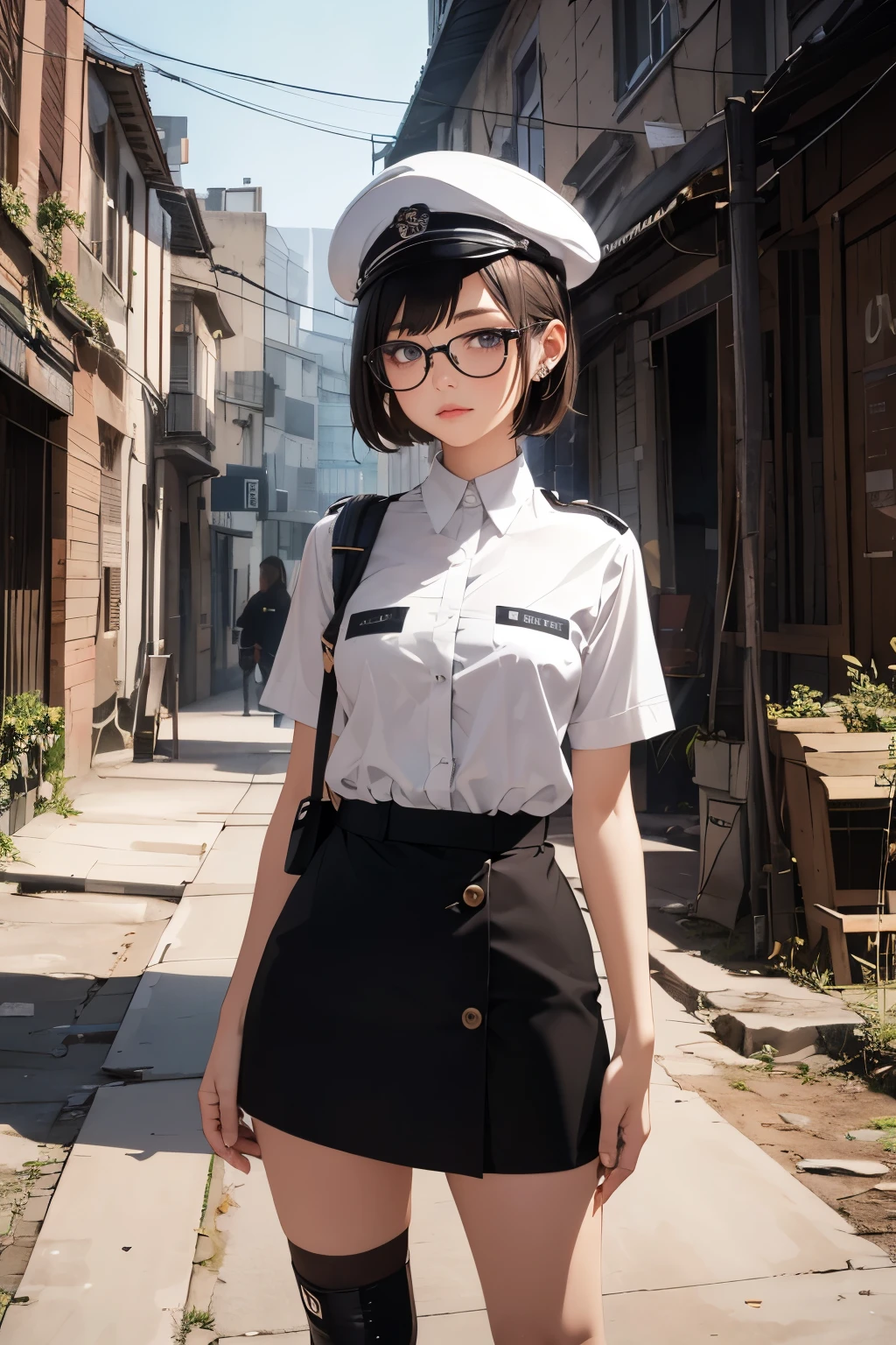 Wide angle, a pretty girl messenger, wearing large glasses, undercut hair, wearing postal uniform, in a post-apocalyptic world