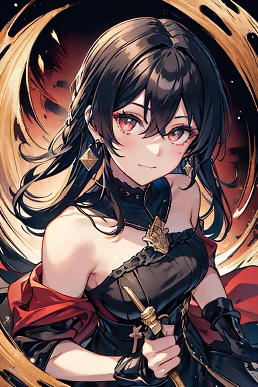 yor briar, anime style beutiful woman, 1girl, full body,happy, smile, red face, closed mouth, beautiful detailed eyes, super detailed skin, backlighting, bare shoulders, black background, black dress, black gloves, black hair, breasts, dress, earrings, fingerless gloves, floating hair, floral print, flower, gloves, gold earrings, gold hairband, hair flower, hair ornament, hairband, holding, holding weapon, jewelry, large breasts, long hair, looking at viewer, off-shoulder dress, off shoulder,red eyes, short hair with long locks, sidelocks, solo, spikes, thighs, two-sided dress, two-sided fabric, weapon, fighting stance , face, close up, from above, highest quality, high resolution.