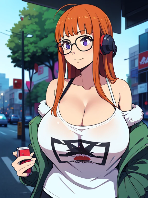 ((tmasterpiece)), (beste-Qualit), (detailed), 1 girl, Futaba, Futaba Sakura, white shirt, green jacket on shirt, off-shoulder, Hands Behind Back, (gigantic breasts), In the center of city, Fear on the face