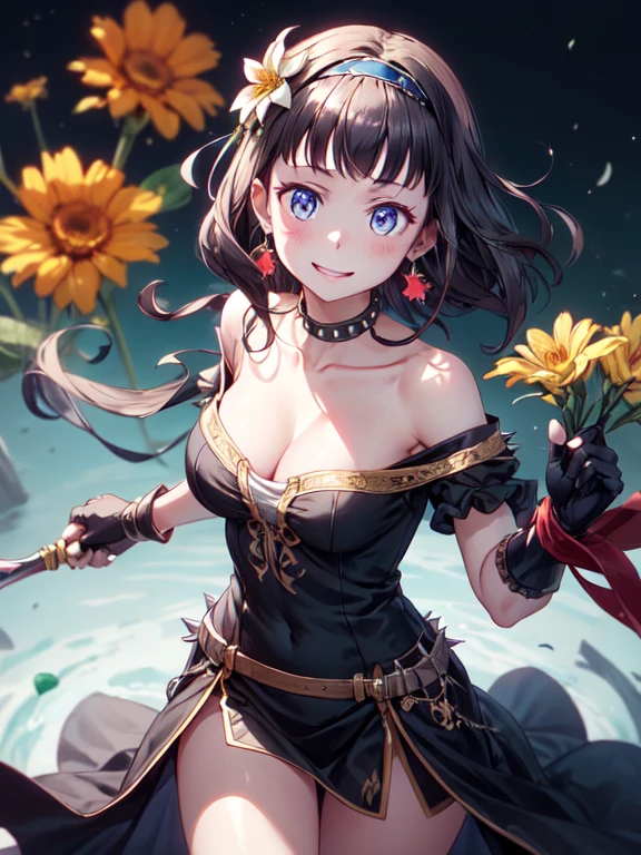 yor briar, anime style beutiful woman, 1girl, happy, sexy pause,(with sparkling eyes and a contagious smile:0.9),red face, closed mouth, beautiful detailed eyes, super detailed skin, backlighting, bare shoulders, black background, black dress, black gloves, black hair, breasts, dress, earrings, fingerless gloves, floating hair, floral print, flower, gloves, gold earrings, gold hairband, hair flower, hair ornament, hairband, holding, holding weapon, jewelry, large breasts, long hair, looking at viewer, off-shoulder dress, off shoulder,red eyes, short hair with long locks, sidelocks, solo, spikes, thighs, two-sided dress, two-sided fabric, weapon, fighting stance , face, close up, from above, highest quality, looking at viewer,high resolution.