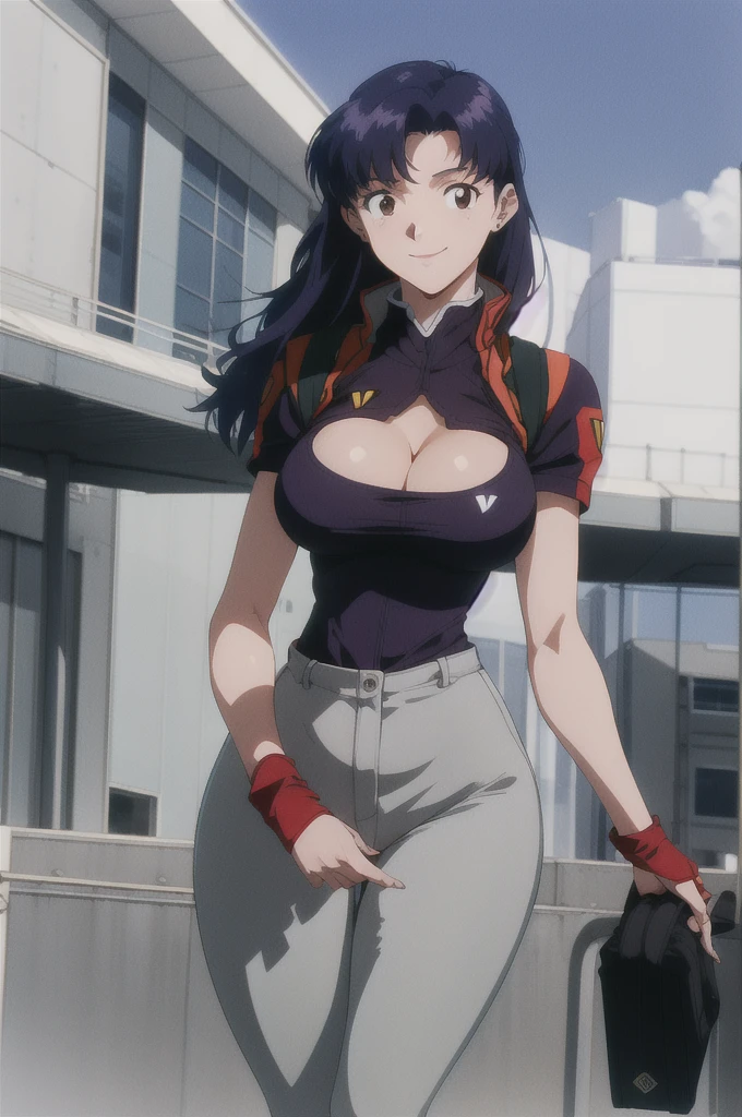 (RAW photo, best quality), 1girl,  natural lighting, solo, light smile, 
katsuragi misato, outdoor, big boob, large breasts, boob window, exposed cleavage, tight clothes, wide hips, thicc, wearing a suit,  woman, small woman, small height