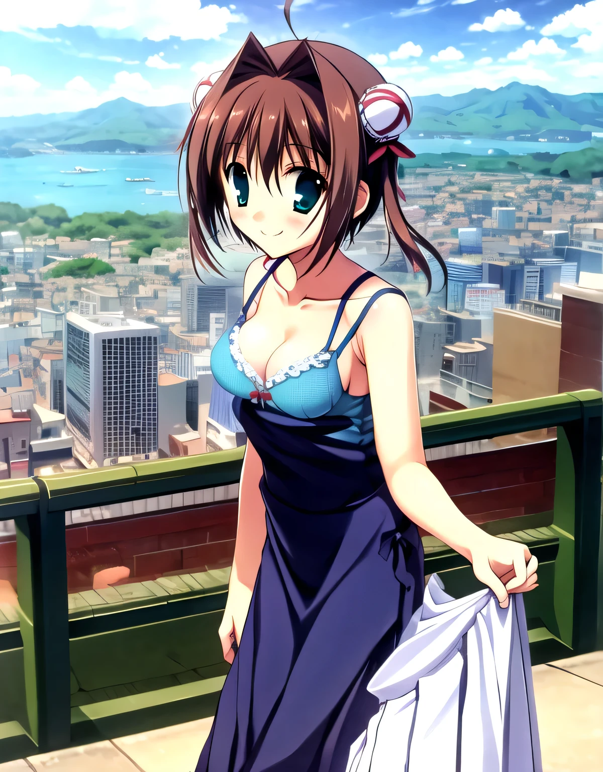 asakura_yume,Brown Hair,Medium Chest,Aqua Eye,White skin,city,((Are standing)),smile,((Breast augmentation)),((((Navy blue_Camisole Long Dress Skirt)))),((valley)),No bra,smile,