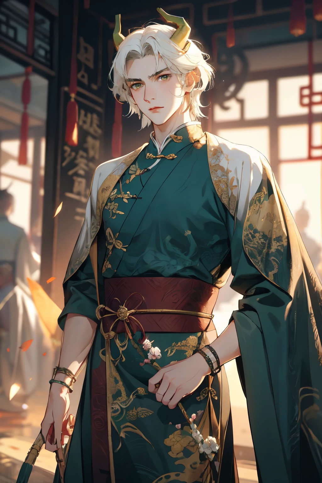 A handsome man with short white hair, golden eyes, wearing a green Chinese dress, he has dragon horns.,toji fushiguro,green Chinese dress, muscular,Tall