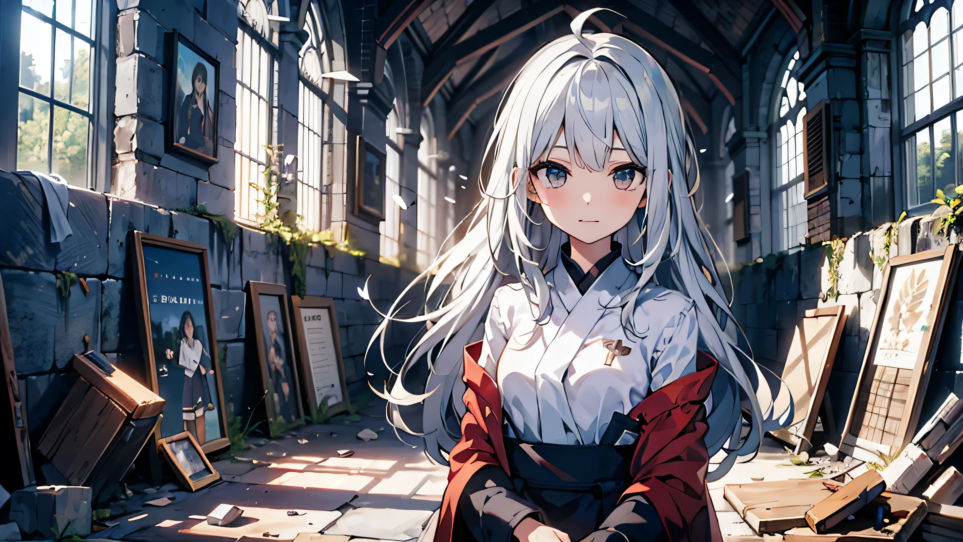 highest quality, masterpiece, Very detailed, shape, (beautiful Beautiful eyes), beautiful, wonderful, Beautiful eyes, (Fine skin), (Oily skin), 1 girl,alone,Angel Girl, ruined church, rubble, Scattered Glass,Gray Hair, Long Hair, Fluttering Hair, Hello, Ahoge, A splendid monk&#39;Clothes, Big Wings, White Wings, sit, wariza, Place your hands between your legs,look up , particle , whole body, Cowboy Shot,moonlight, Natural light,{{{{masterpiece}}}}, {{{Very detailed}}}, {{{High resolution}}}, {{{8k}}}, {{Perfect body}}, {{beautiful Beautiful eyes}}, {{colorful}}, {{Bright colors}}Yuri、Gray Hair、Fox、Warrior、shrine、Long Hair、Small breasts、highest quality、He has a sword at his waist.woman、Small breasts