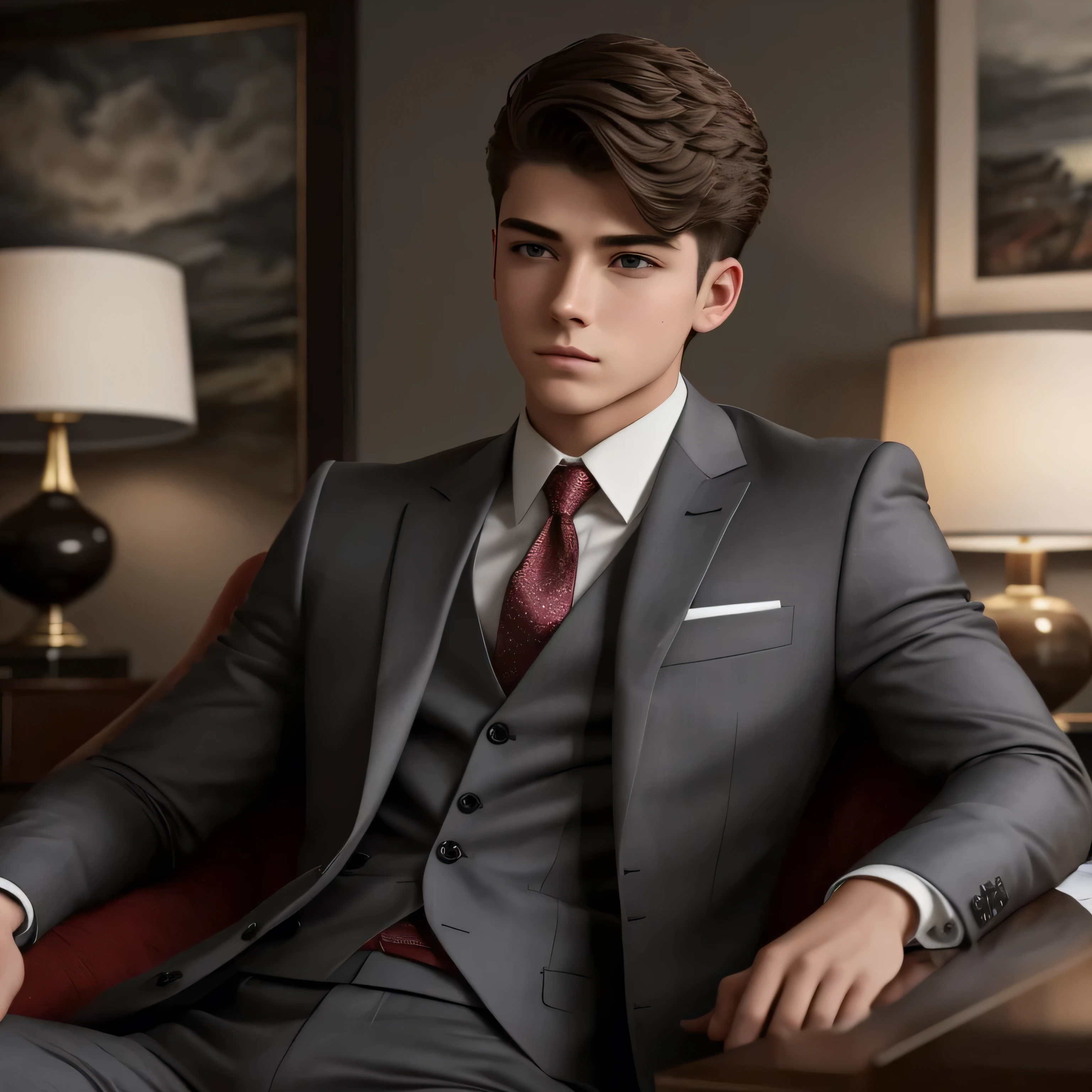 18-year-old boy, with a masculine appearance, wearing a grey suit. The scene depicts a masterpiece of art, showcasing the boy's professional and wealthy lifestyle. The image is of the best quality, with ultra-detailed features. The color tone is rich and vibrant ,masterpiece, ultra realistic