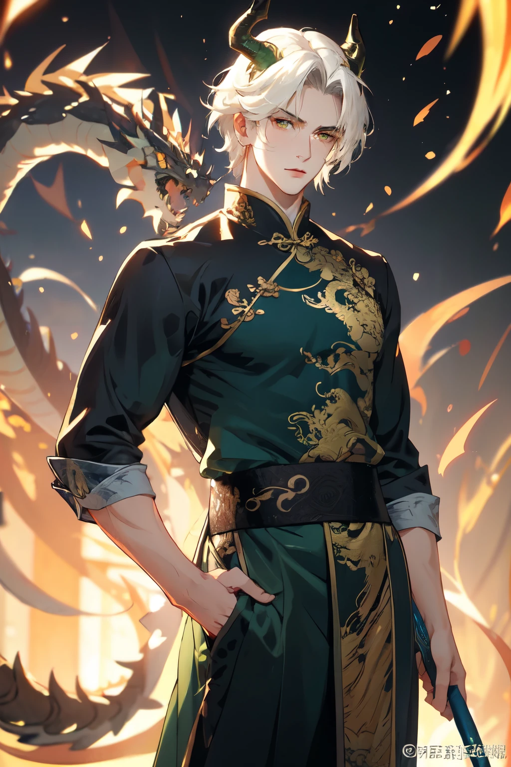 A handsome man with short white hair, golden eyes, wearing a green Chinese dress, he has dragon horns.,toji fushiguro,green Chinese dress, muscular,Tall