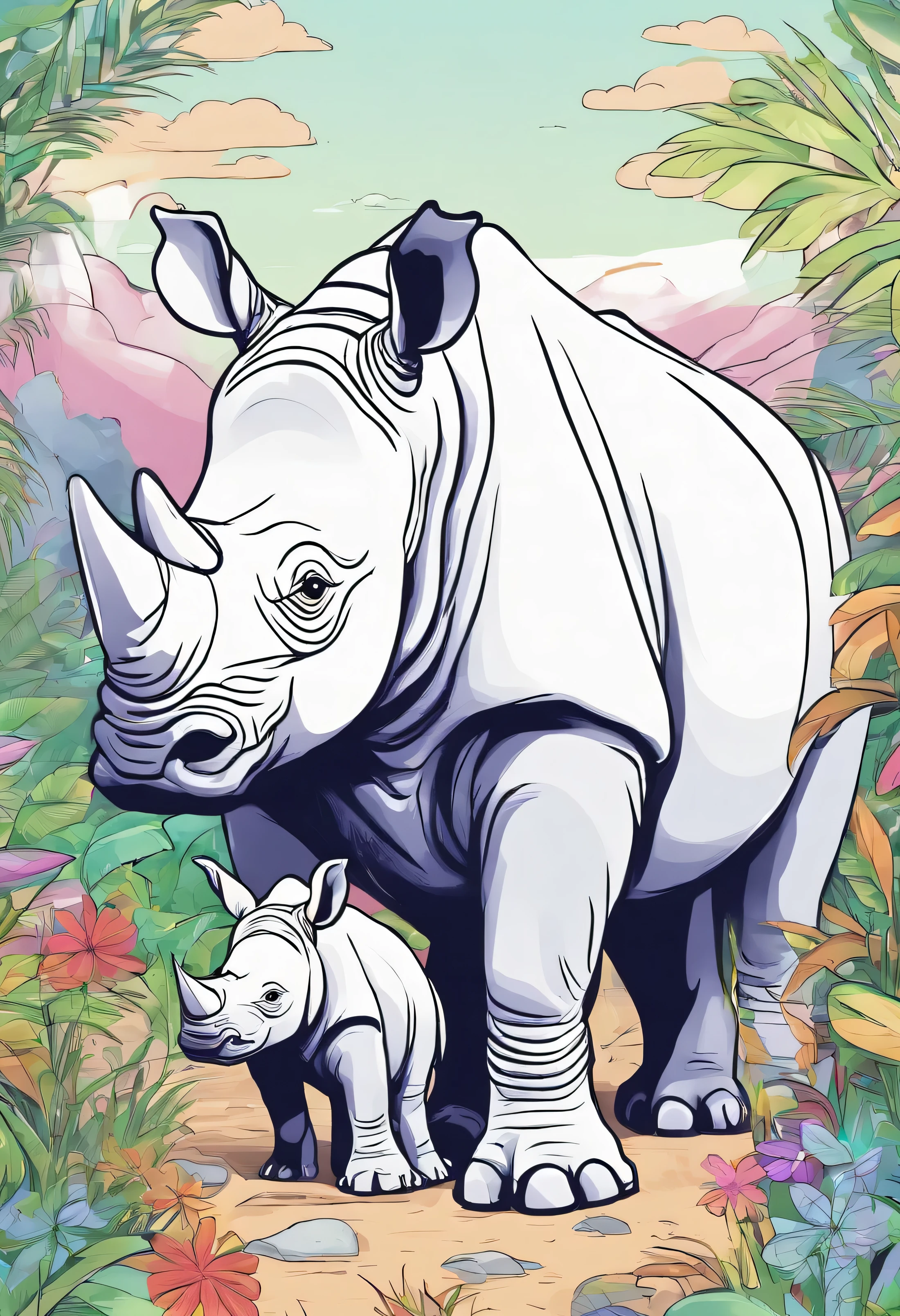 cute rhino mother and baby walking in jungle, smiling, line art, drawing, children's coloring book, cartoon, sketch, black and white