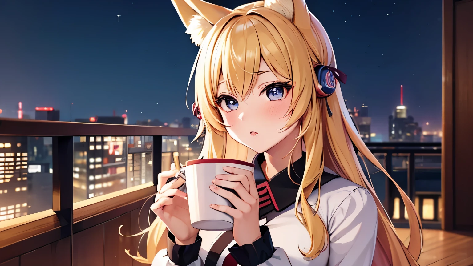 apanese girl super cute girl 18 old school girl Woman pouting lips A beautiful anime girl with blonde hair and fox ears kneels on a rooftop at night. eating cup ramen