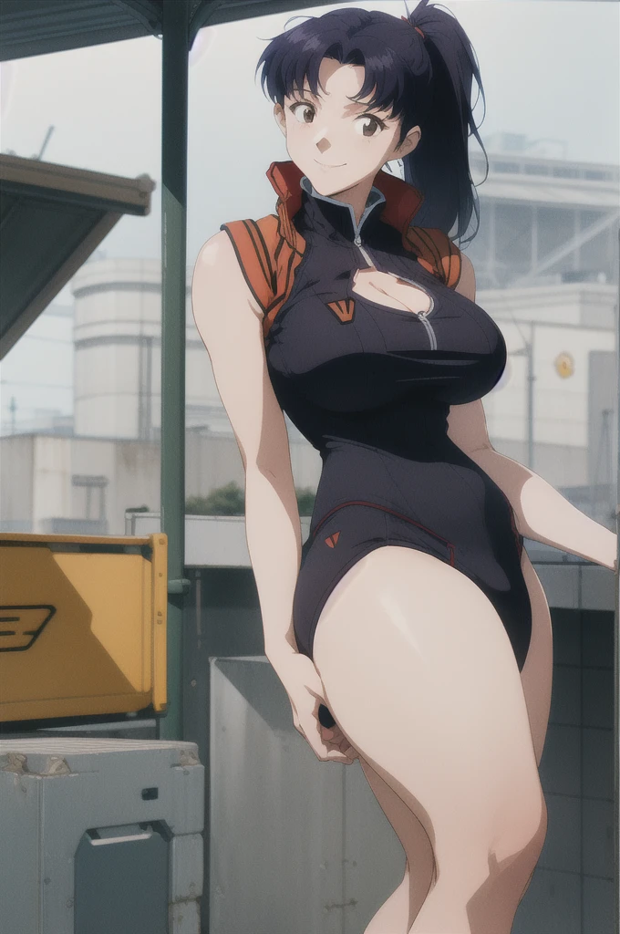 (RAW photo, best quality), 1girl,  natural lighting, solo, light smile, 
katsuragi misato, outdoor, big boob, large breasts, boob window, exposed cleavage, tight clothes, wide hips, thicc, wearing a suit,  woman, small woman, small height, ponytail