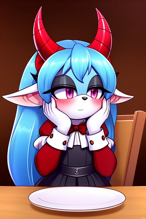 Oni mobian, blue hair, long hair, toned, gothic Lolita, magenta eyes, red horns, pointed ears, blushing, hand on cheek, table