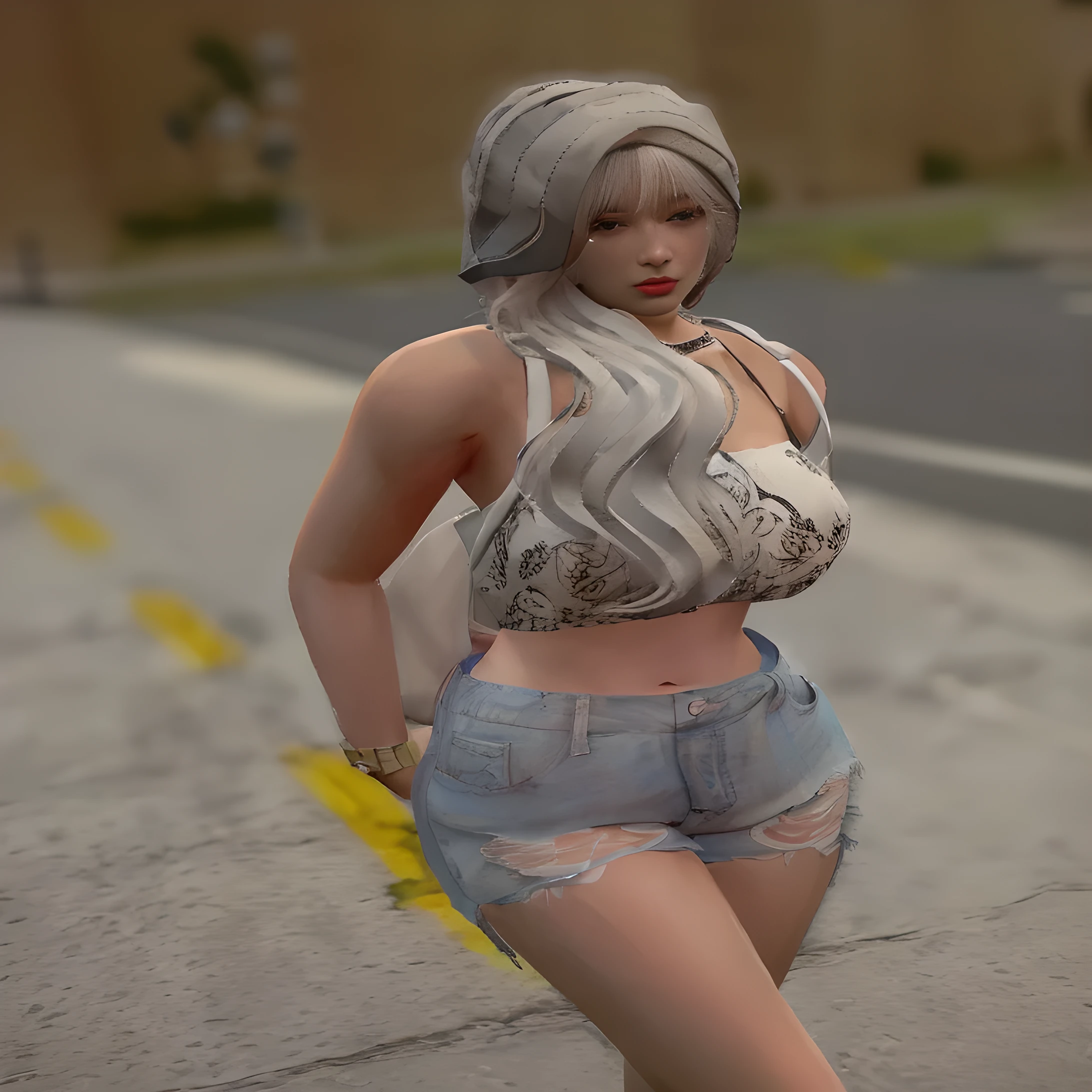 there is white hair woman standing on the side of the road, casual pose, no hood | | realistic shaded, bra and shorts streetwear, in city street, in the street, realistic shaded, on the street, on the street, second life avatar, secondlife, full body:: sunny weather::, lacivious pose, on a street, at a city street
