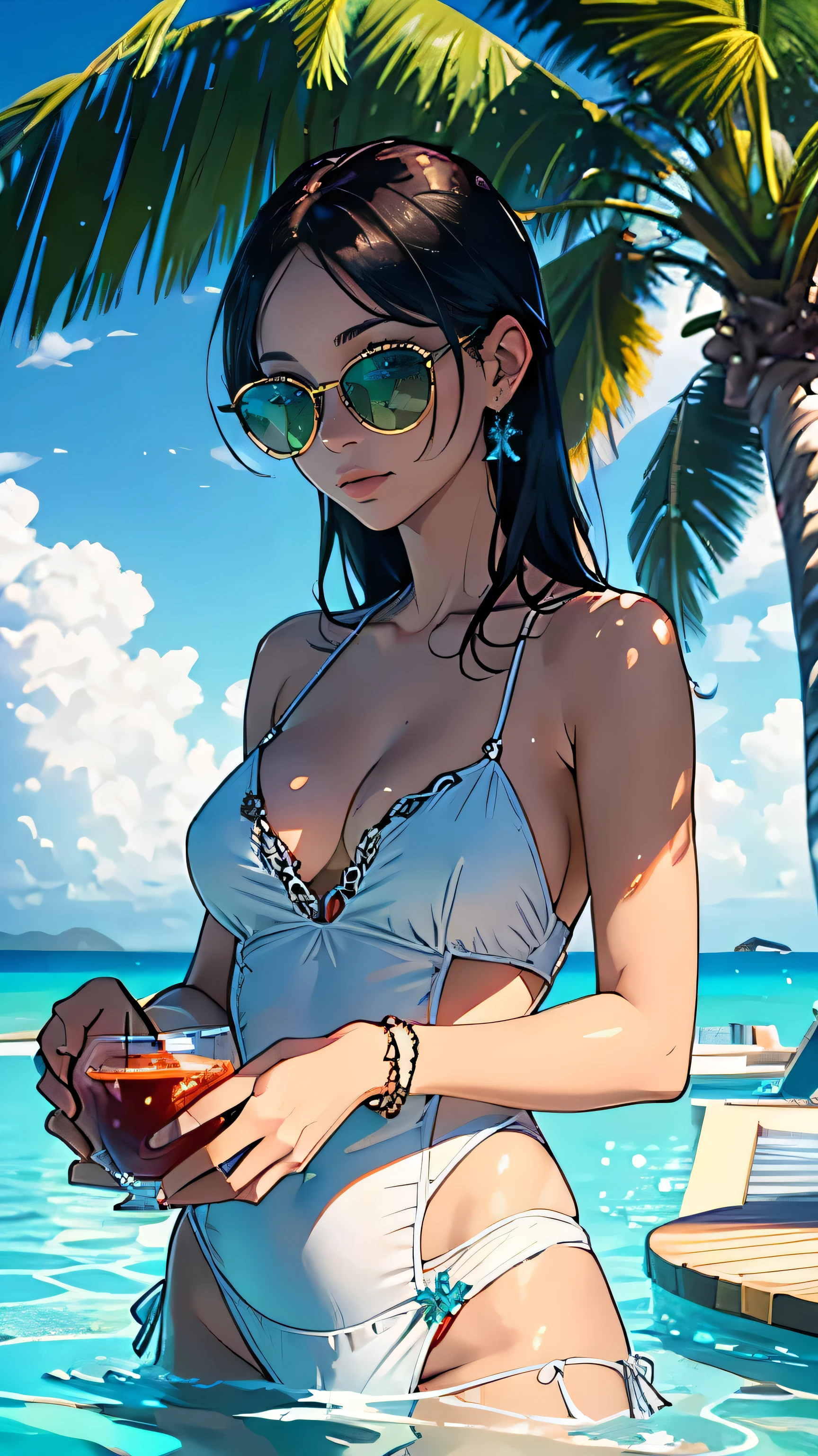 (best quality,4k,8k,highres,masterpiece:1.2),ultra-detailed,(realistic,photorealistic,photo-realistic:1.37),fruit juice,woman,drinking,swimming poolside,summer,resort hotel,floral pattern dress,luxurious feel,scorching heat, vibrant colors,refreshing,relaxation,effortless elegance,sunshine,luxury swimming pool,lifelike details,crystal clear water,chic,fashionable,stylish sunglasses,leisure,leisurely,lively atmosphere,blissful expression,enjoyment,timeless beauty,serene,tranquil,captivating,alluring,beautiful surroundings,tropical paradise,exotic ambiance,Nature,exquisite flowers,palm trees,warm breeze,serenity,harmony,perfectly manicured gardens,enchanting,sophistication,soothing ambiance,endless summer,fabulous,magnificent,happy memories,memorable moments,indulgence,pleasure,refined,taste of summer,seamless blend,relaxing vacation.