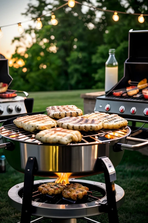white female grilling patties on a BBQ in the backyard, with the golden hour light illuminating the grilling equipment and condiments close by the lake 