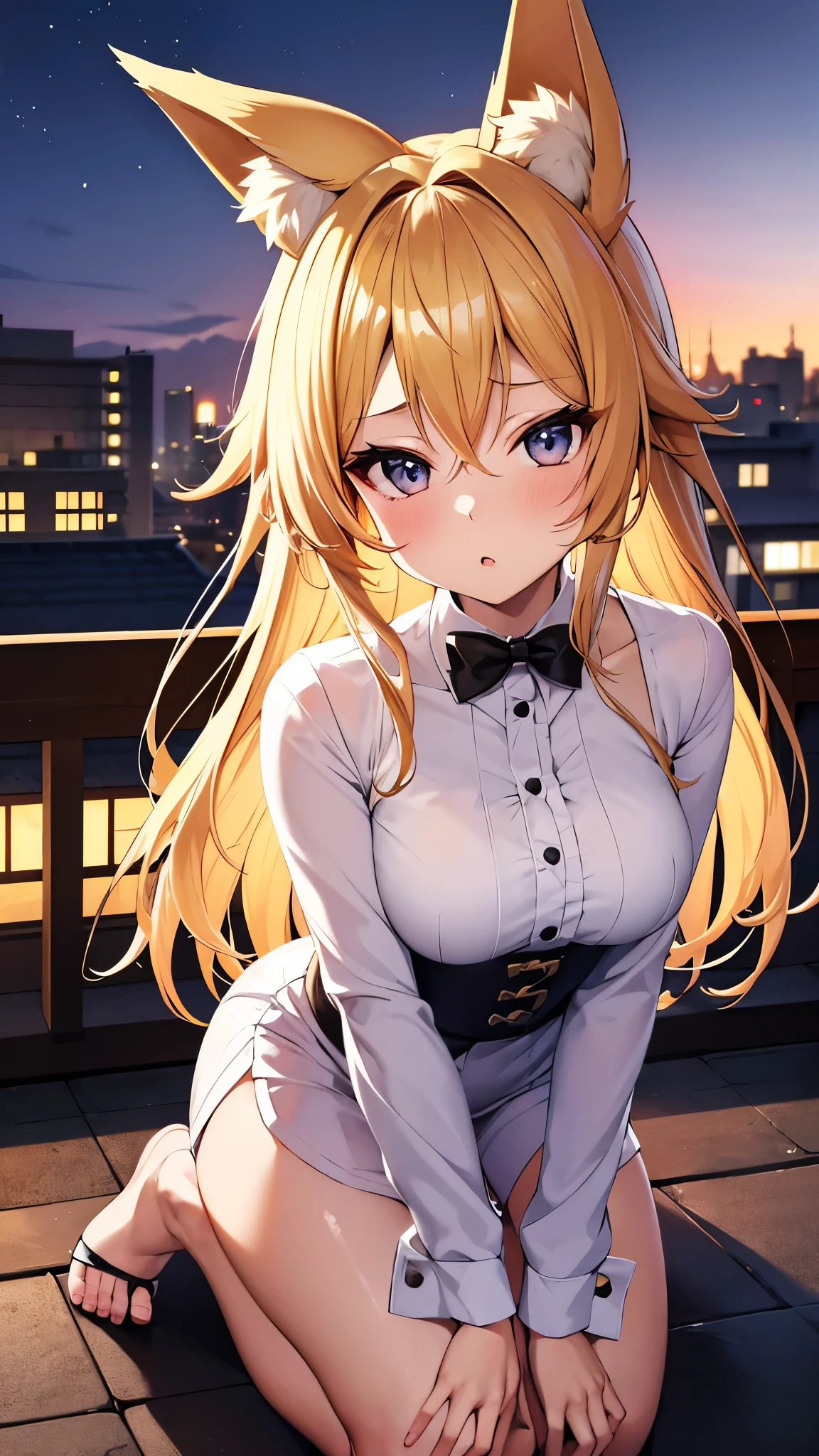 apanese girl super cute girl 18 old school girl Woman pouting lips A beautiful anime girl with blonde hair and fox ears kneels on a rooftop at night.