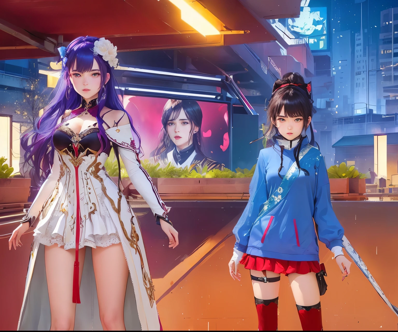 personnages d'anime in an urban setting with a neon background, du jeu vidéo Azur Lane, style voie d'azur, Plan moyen de deux personnages, personnages d'Azur Lane, Ayaka genshin impact, Mode JRPG, personnage de jeu vidéo Katana Zero, capture d'écran du gameplay de mode, 8k!, Ayaka jeu genshin impact, capture d'Écran du PC