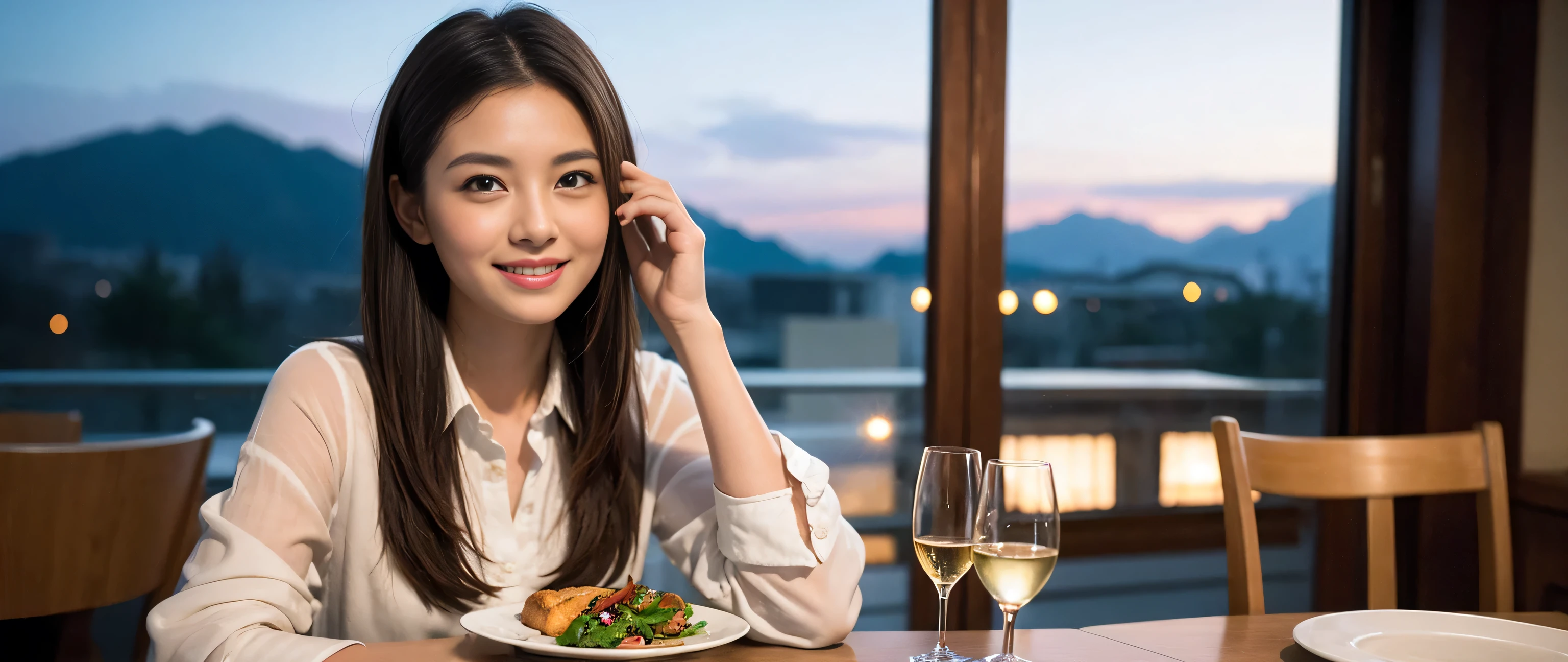 ((highest quality、8k、masterpiece:1.3))、Sharp focus:1.2、Beautiful woman perfect body:1.4、Slim body、((Bob Hale、Straight hair:1.2))、(to be born, highest quality, masterpiece:1.5), (Realistic, Intricate details:1.2), Ultra-high resolution, Put the light on your face、Amazing view of the sunset sky and clouds、Amazing mountain views、A bright smile、wine glass、red wine 、Appetizer、Italian food、Wine bottle、Champagne、sparkling wine、, Beautiful Face, blue eyes, The light shines on your face, Blushing, short hair,Bright Face、Fox face、 (42 years old), 39 years old, Lady、Two beauties、Brown Hair、Shortcuts、Long sleeve shirt、dress、Pretty Woman 1, (Slim face), (The body is slim), (Brown Hair), (Shortcuts), cheeks turn a little red,Attractive beauty、, Out of the window, A beautiful and detailed night view unfolds.........., restaurant, In a prominent place (From the waist up) Nova Frog Style, actress, model, Upper Body, White wine, slim, wine glass, A wine glass placed in the middle, smile, (smile: 1.15), Beautiful fine grain, Depth f/2,saturation, High Contrast, Strong light and shadow,Moist Body:1.5、3D texture、Delicate eyes、Brown Hair、The hair is very shiny、