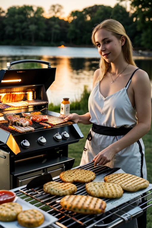 white female grilling patties on a BBQ in the backyard, with the golden hour light illuminating the grilling equipment and condiments close by the lake 