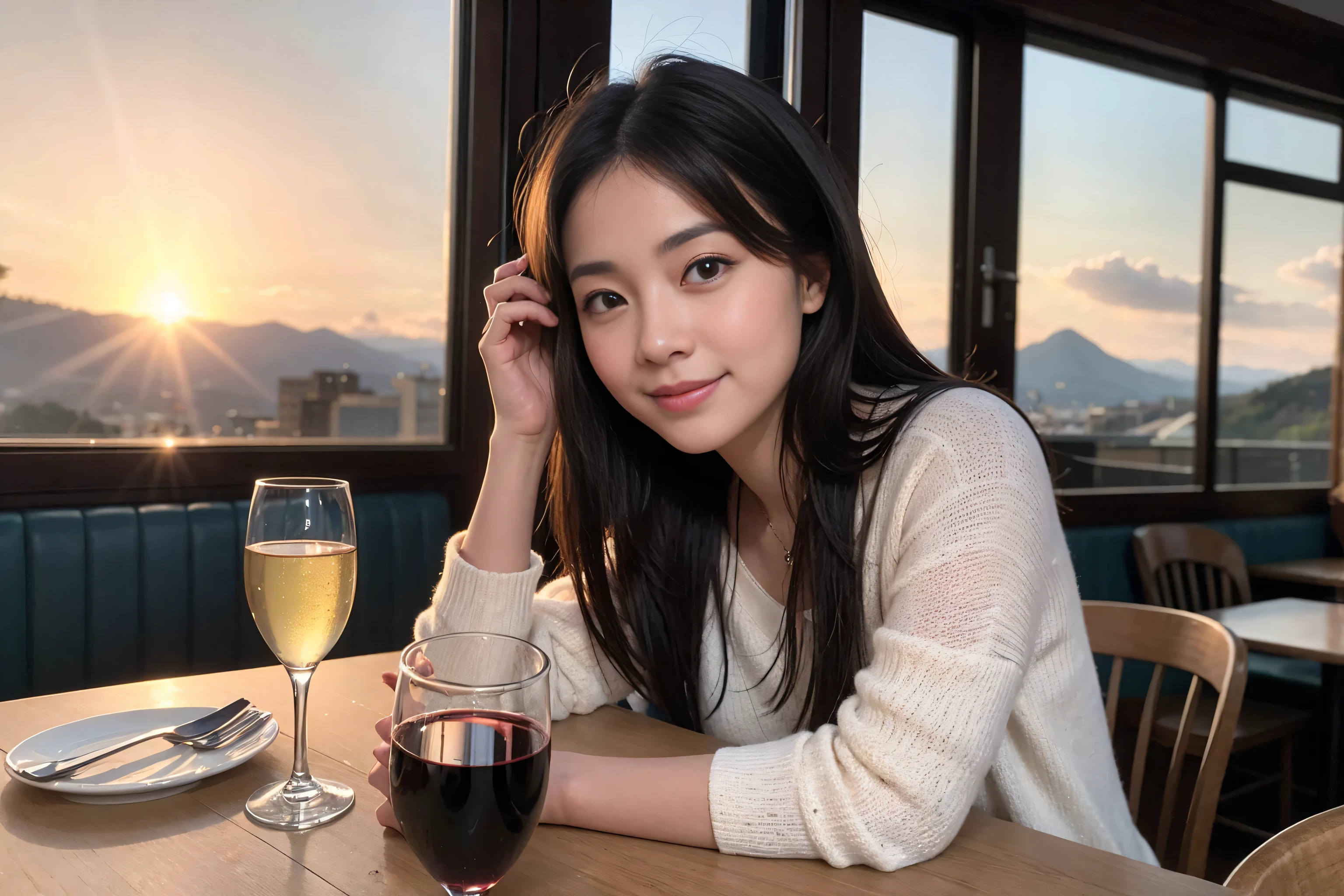 ((highest quality、8k、masterpiece:1.3))、Sharp focus:1.2、Beautiful woman perfect body:1.4、Slim body、((Bob Hale、Straight hair:1.2))、(to be born, highest quality, masterpiece:1.5), (Realistic, Intricate details:1.2), Ultra-high resolution, Shine light on your face、Amazing view of the sunset sky and clouds、Amazing mountain views、A bright smile、wine glass、red wine 、Appetizer、Italian food、Wine bottle、Champagne、sparkling wine、, Beautiful Face, blue eyes, The light shines on your face, Blushing, short hair,Bright Face、Fox face、 (36 years old), 39 years old, Lady、Two beauties、Brown Hair、Shortcuts、Long sleeve shirt、dress、Pretty Woman 1, (Slim face), (The body is slim), (Brown Hair), (Shortcuts), cheeks turn a little red,Attractive beauty、, Out of the window, A beautiful and detailed night view unfolds.........., restaurant, In a prominent place (From the waist up) Nova Frog Style, actress, model, Upper Body, White wine, slim, wine glass, A wine glass placed in the middle, smile, (smile: 1.15), Beautiful fine grain, Depth f/2,saturation, High Contrast, Strong light and shadow,Moist Body:1.5、3D texture、Delicate eyes、Brown Hair、The hair is very shiny、