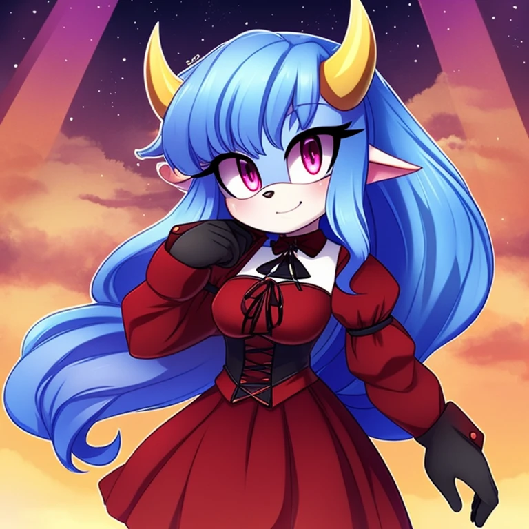 Oni mobian, blue hair, long hair, toned, gothic Lolita, magenta eyes, red horns, pointed ears