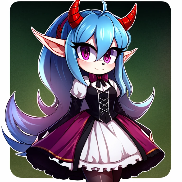 Oni mobian, blue hair, long hair, toned, gothic Lolita, magenta eyes, red horns, pointed ears