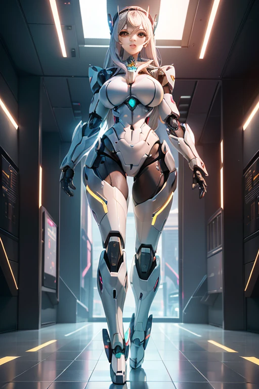 (Create a female robot, Huge breasts, mecha cyber armor, Ray Tracing, Beautiful hands指, Beautiful hands, (A hand has 4 fingers), Full body shot, Perfect anatomical structure, Good lighting, Professional photography, sharp eyes, fresh lips