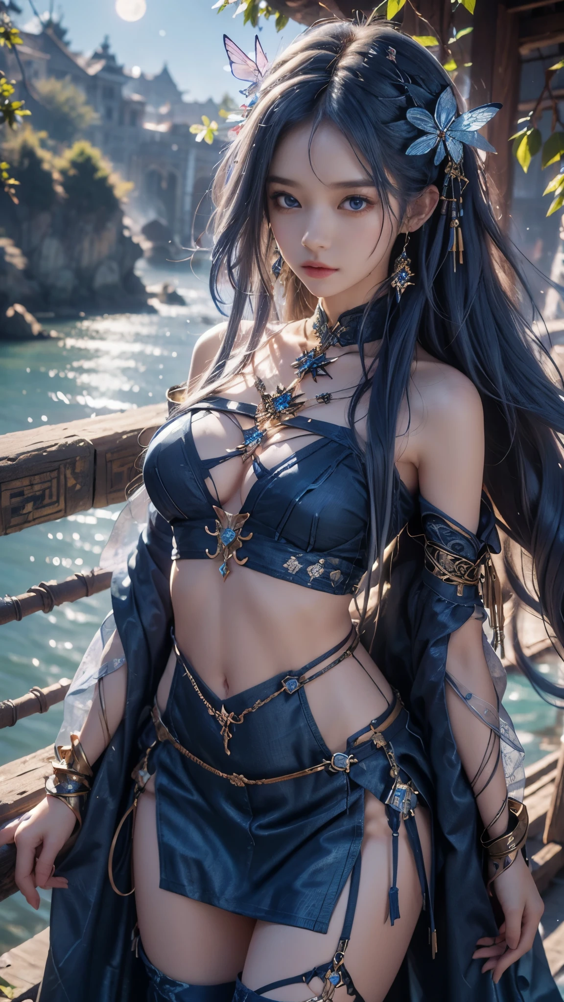 8K, ultra hd, masterpiece, hd colors, 1 girl, perfect face, very long curly hair, detailed eyes, Metallic clothing, ((indigo clothing:1.5)), stocking, ((criss-cross lace)), long sardine, straps, Pendant, net clothing, loops, hip cape, wings, bare waist, jwellery, ornaments, waterside, Realistic scenery, epic scenery, moon shining, evening, clouds, Butterfly, cherry blossom, flowing wind, front body pose,